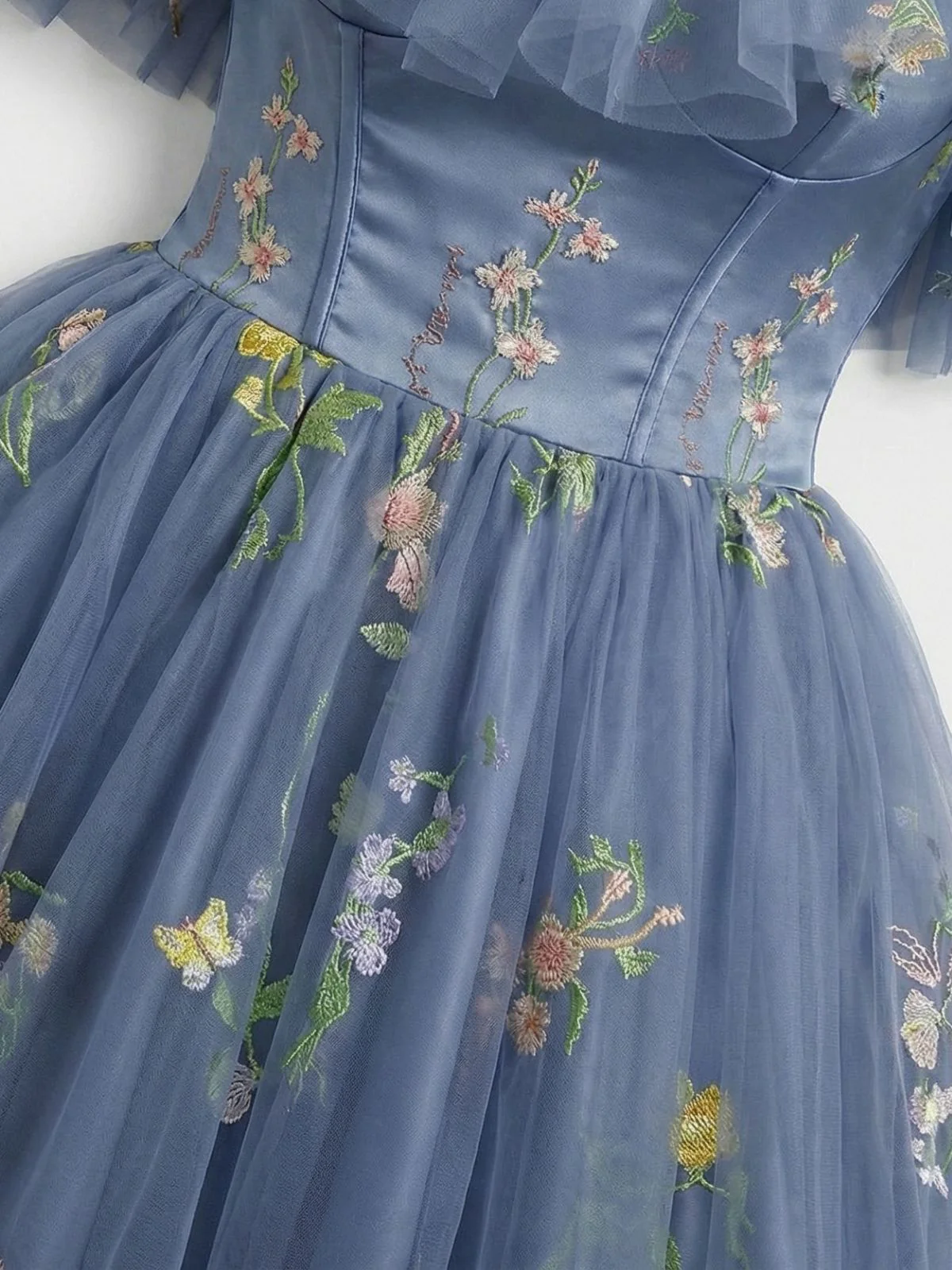 1950er Schulterfrei Blumen Bestickt Netz Kleid - Image 3