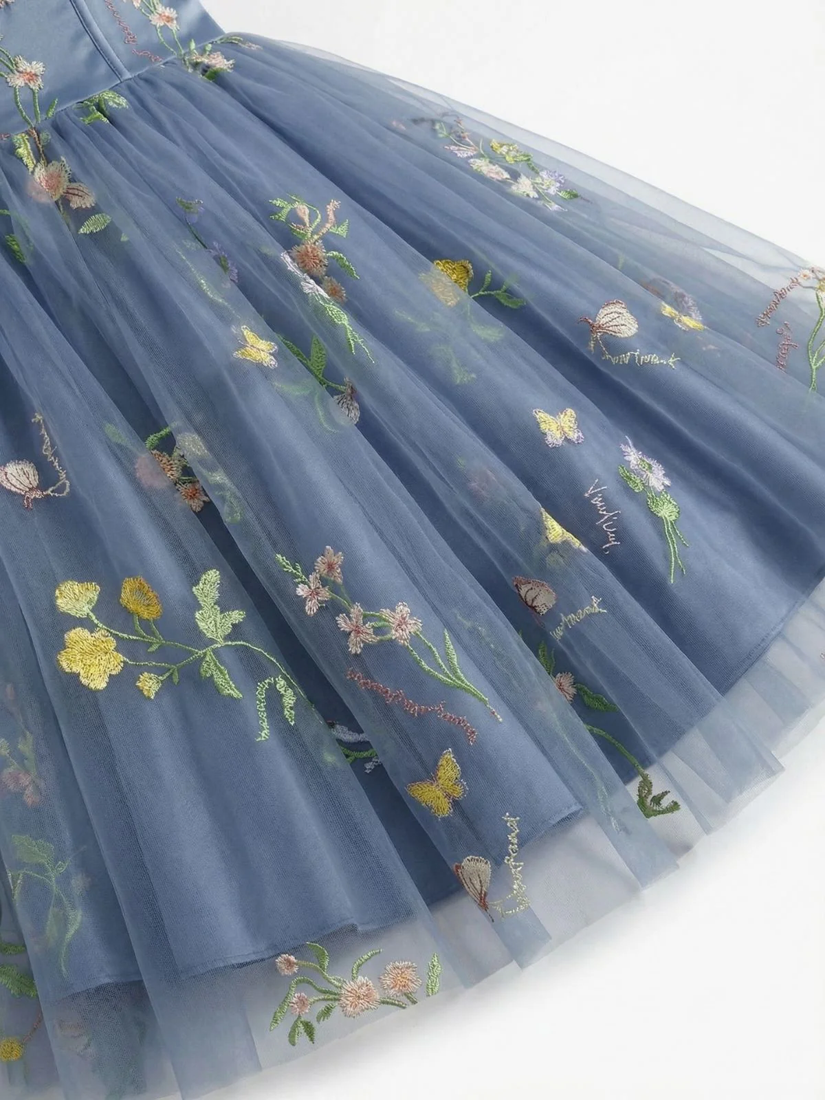1950er Schulterfrei Blumen Bestickt Netz Kleid - Image 4
