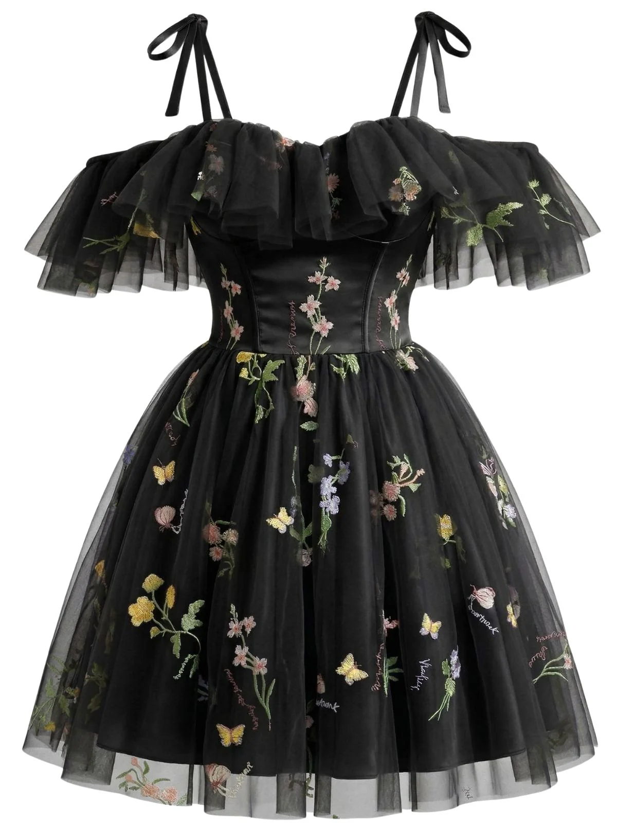 1950er Schulterfrei Blumen Bestickt Netz Kleid - Image 5