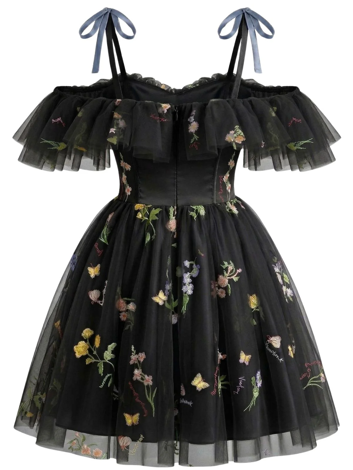 1950er Schulterfrei Blumen Bestickt Netz Kleid - Image 6