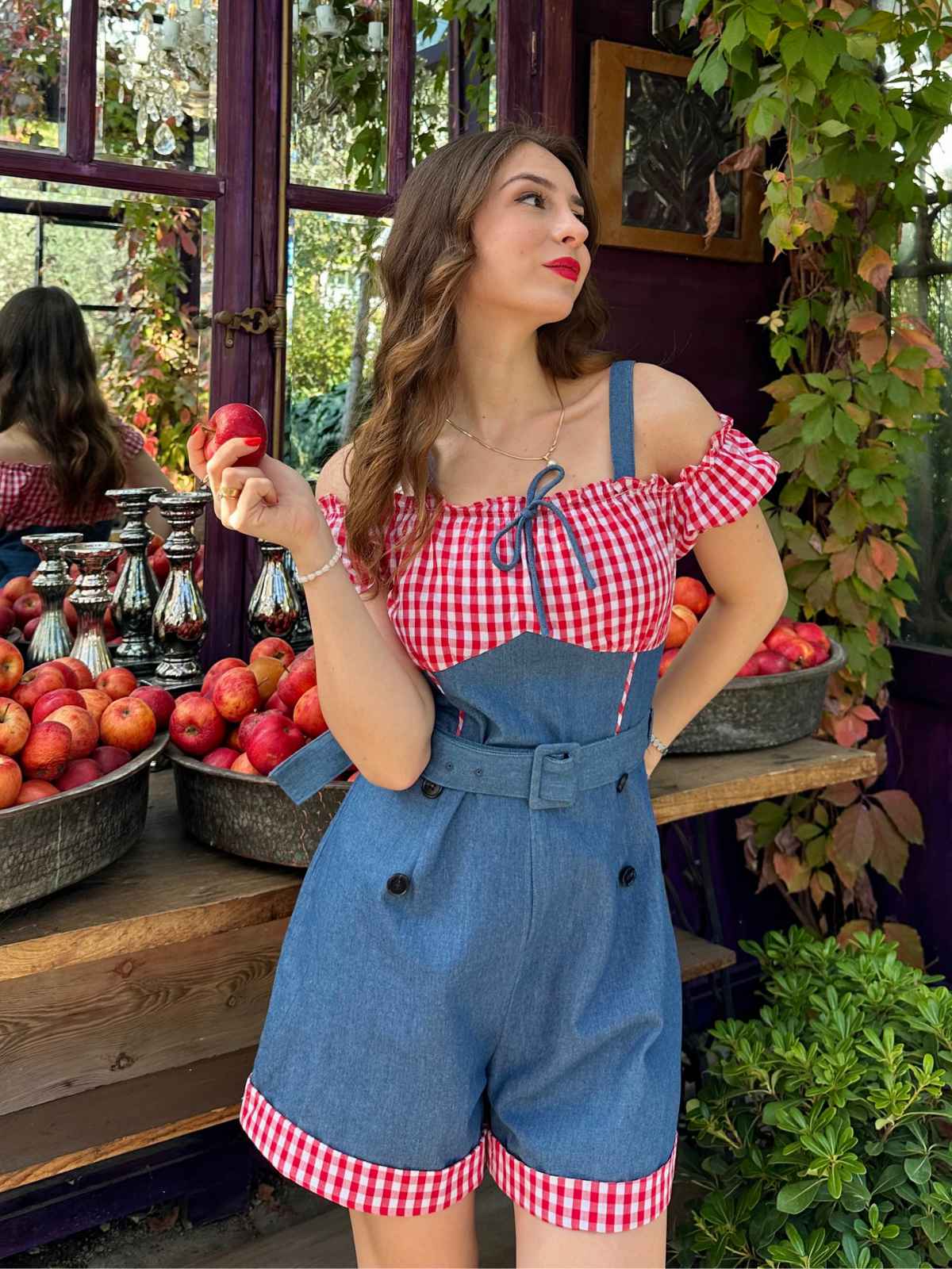 1950er Schulterfrei Plaids Kontrast Denim Romper - Image 2