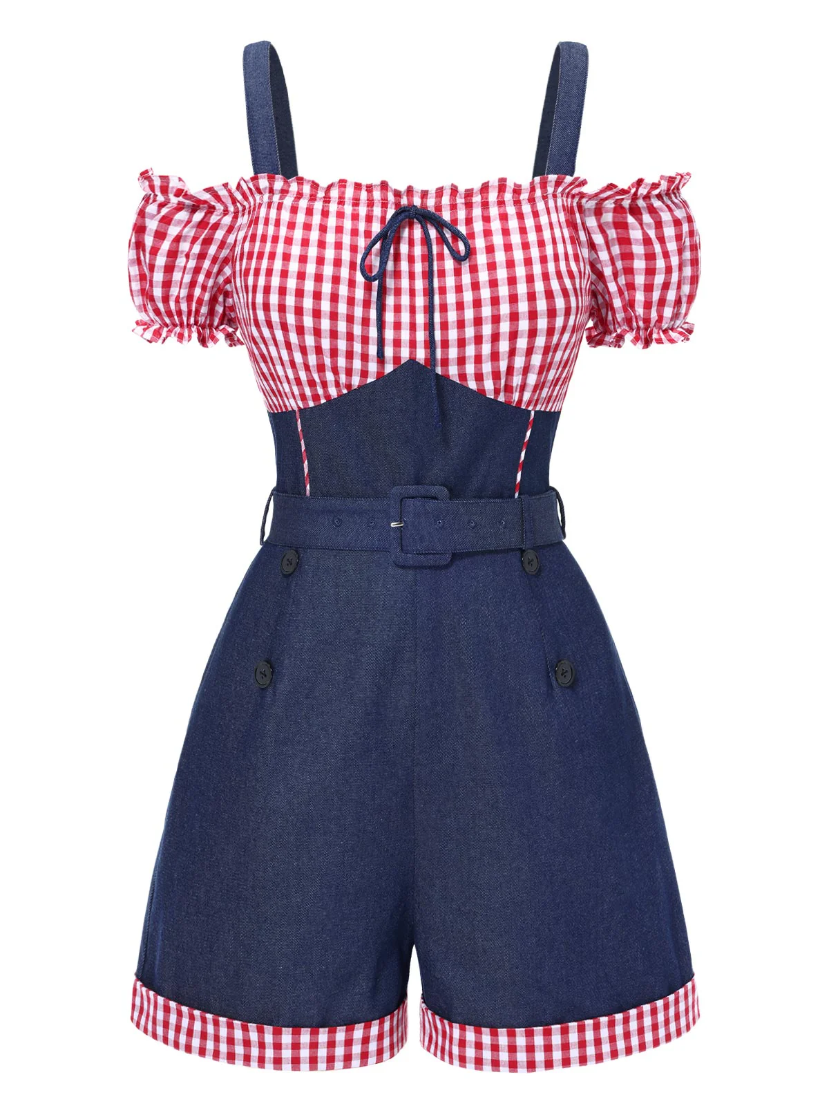 1950er Schulterfrei Plaids Kontrast Denim Romper - Image 2