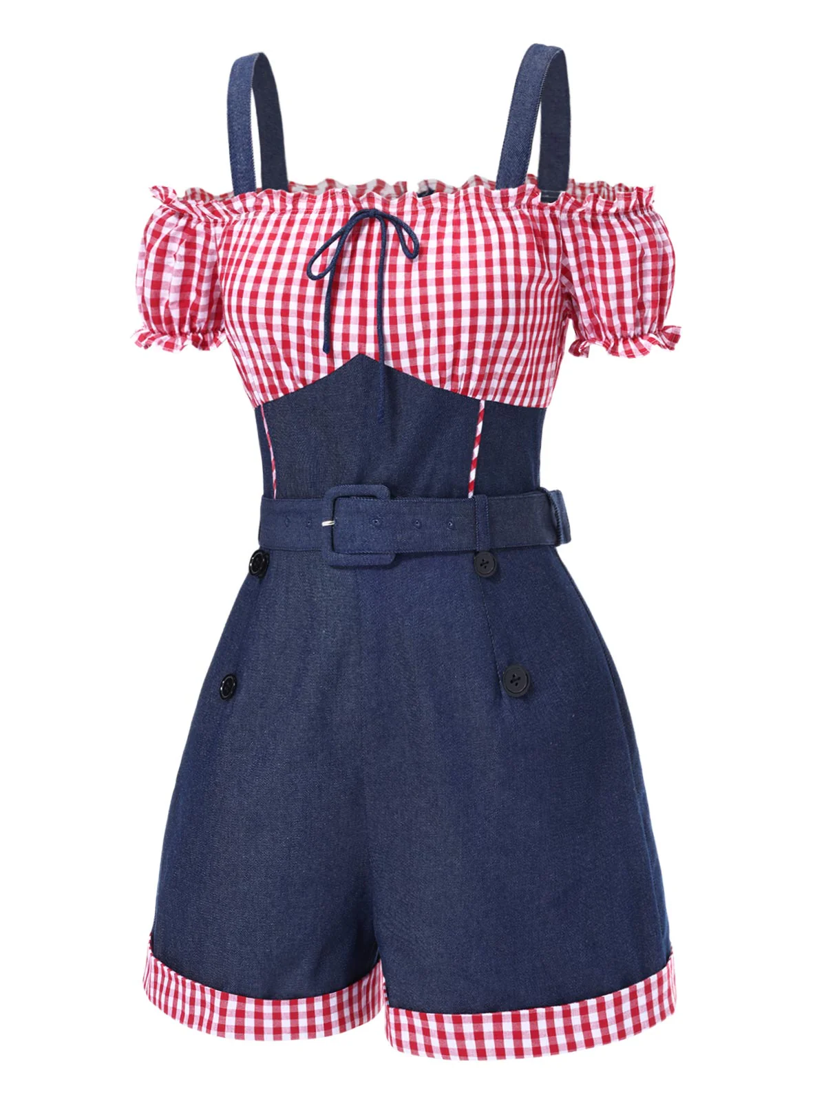 1950er Schulterfrei Plaids Kontrast Denim Romper - Image 3