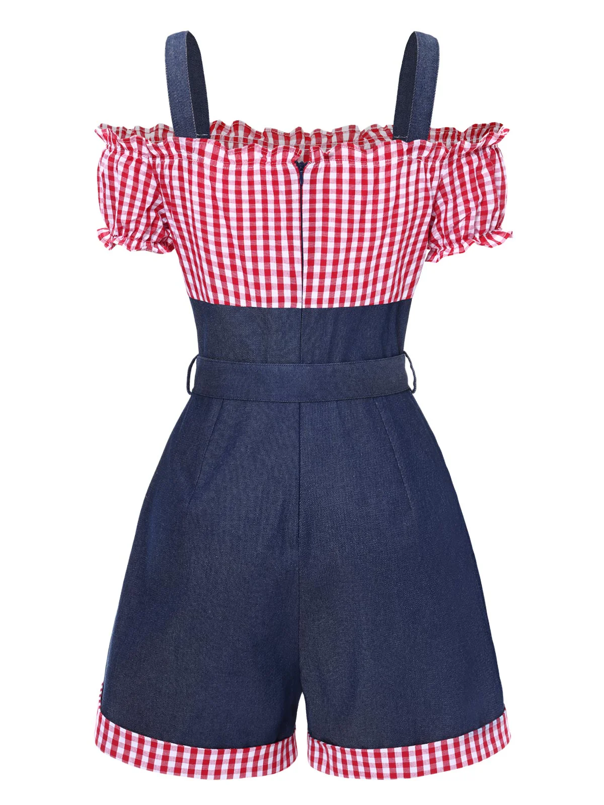 1950er Schulterfrei Plaids Kontrast Denim Romper - Image 4