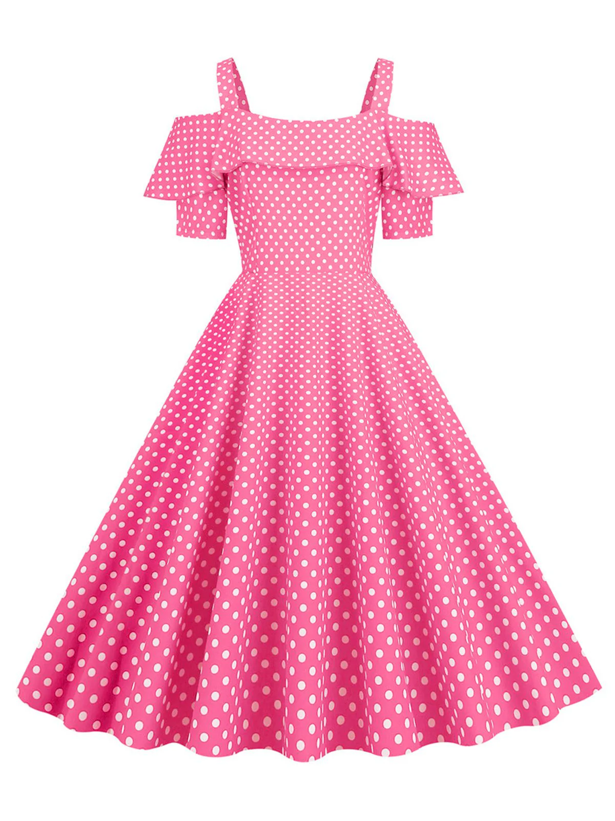 1950er Schulterfreies Polka Dots Kleid - Image 10