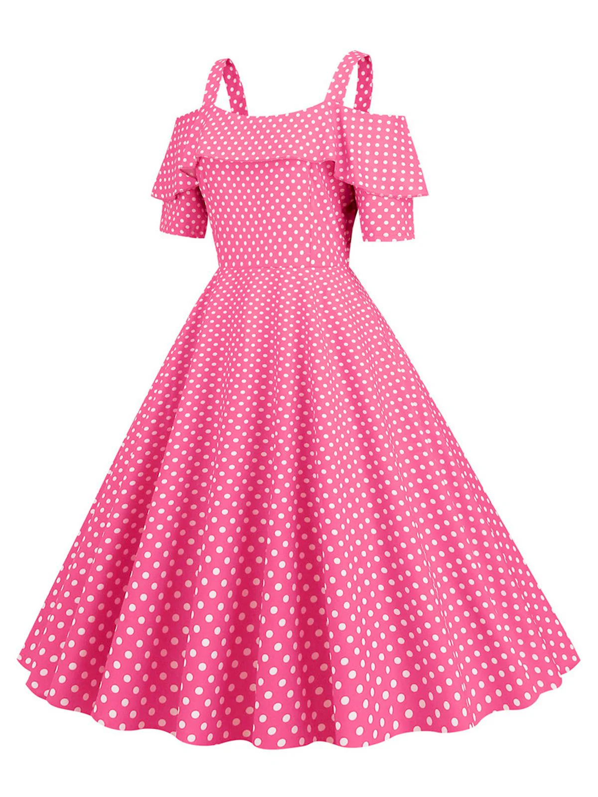 1950er Schulterfreies Polka Dots Kleid - Image 11
