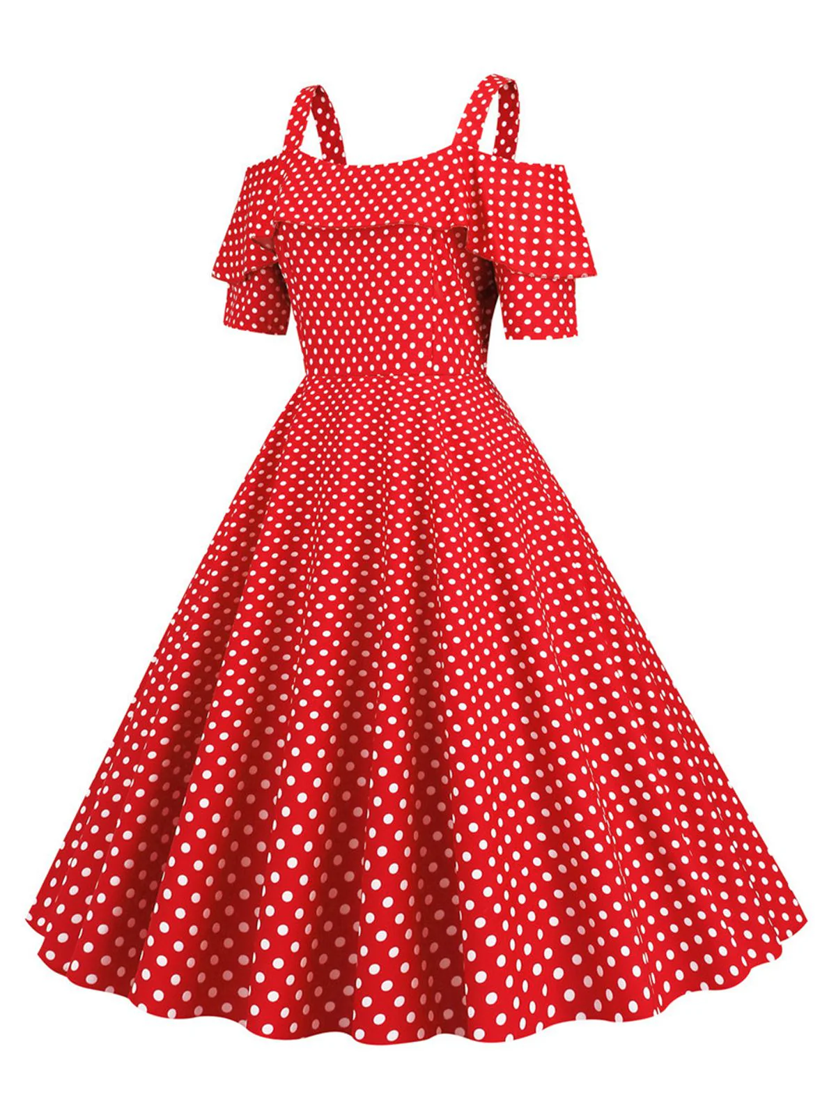 1950er Schulterfreies Polka Dots Kleid - Image 5
