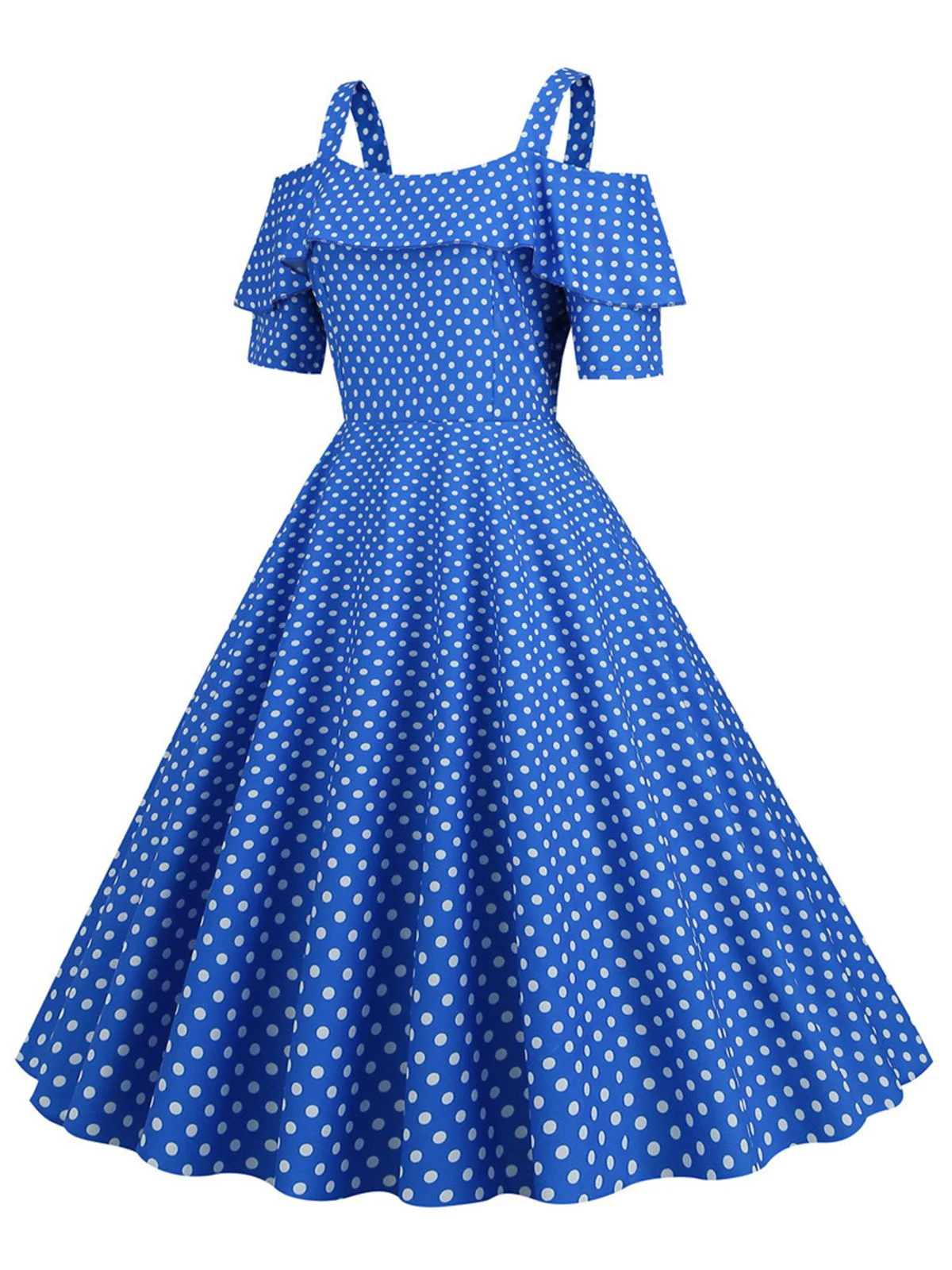 1950er Schulterfreies Polka Dots Kleid - Image 8