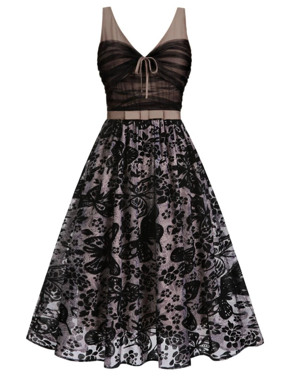 [CZ Lager] Schwarz 1950er Schmetterling Netz Nähte Kleid - Image 3