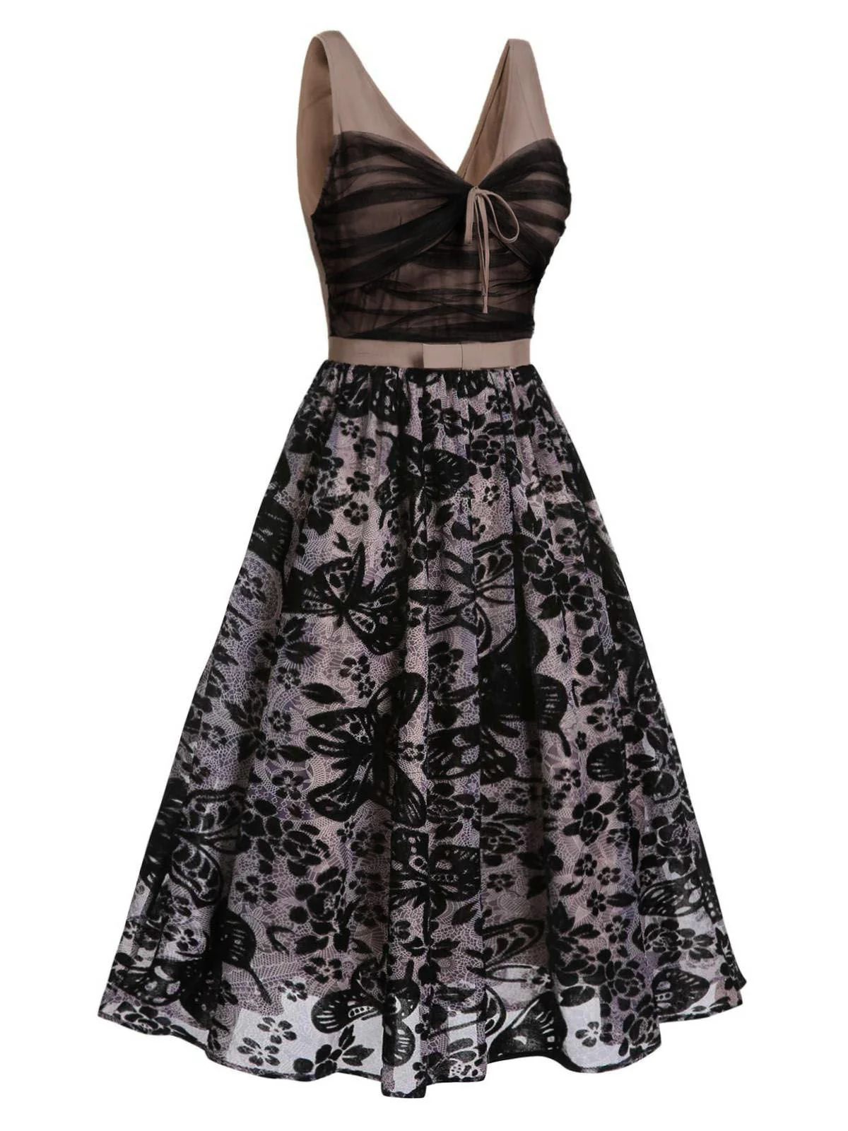 [CZ Lager] Schwarz 1950er Schmetterling Netz Nähte Kleid - Image 4
