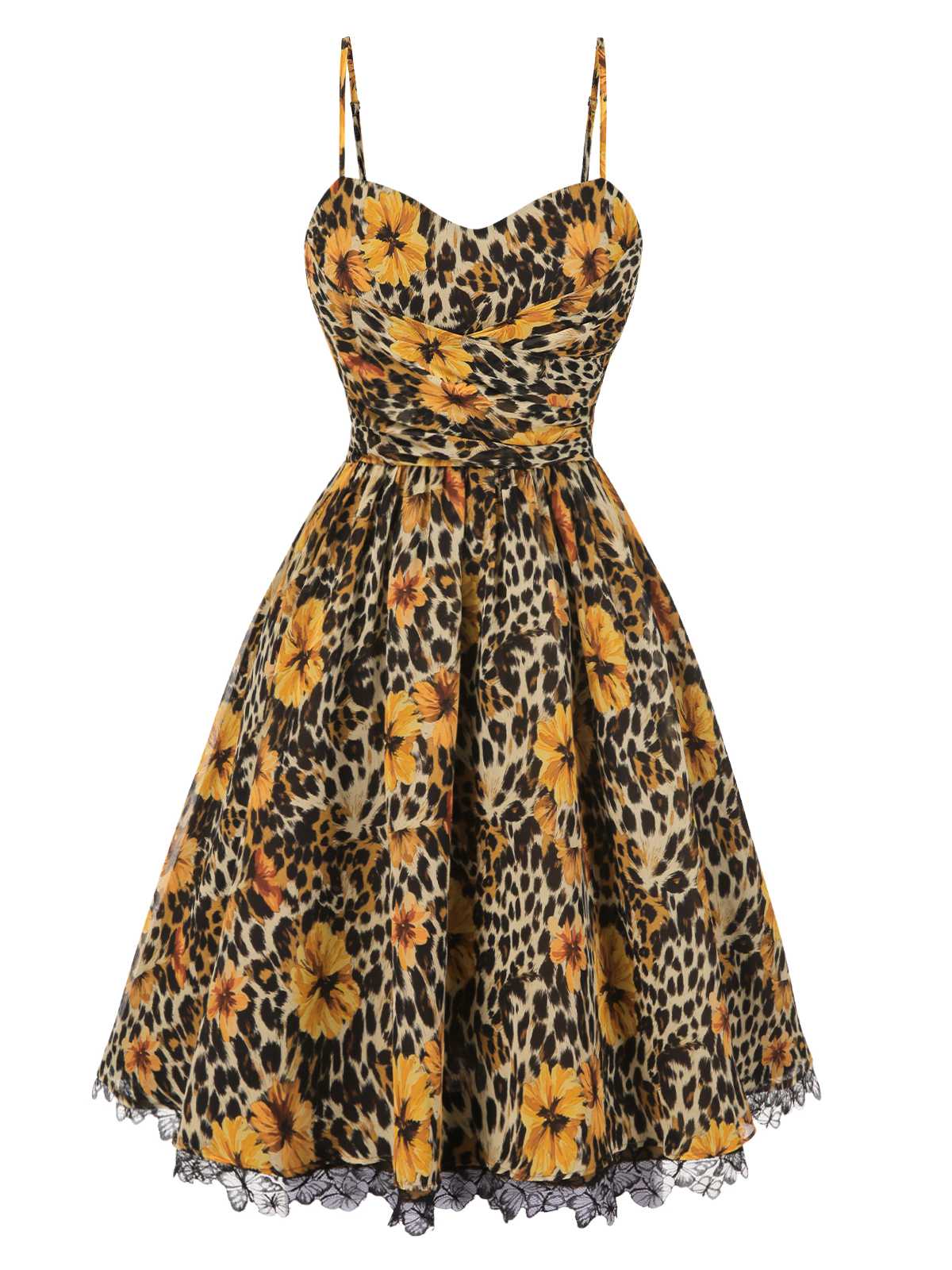 1950er Slip Leopard Sonnenblume Schmetterlinge Spitze Kleid - Image 2