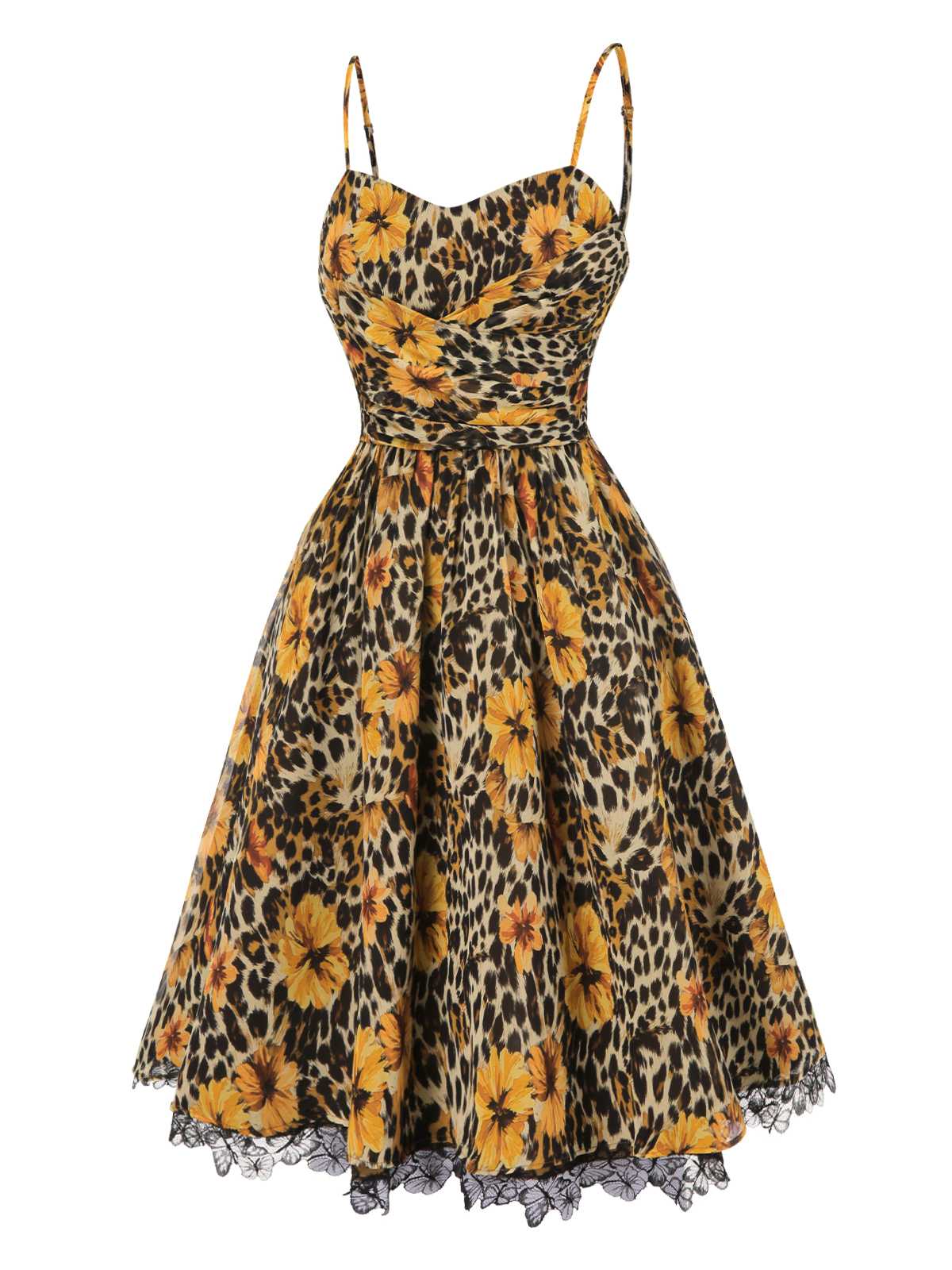 1950er Slip Leopard Sonnenblume Schmetterlinge Spitze Kleid - Image 3