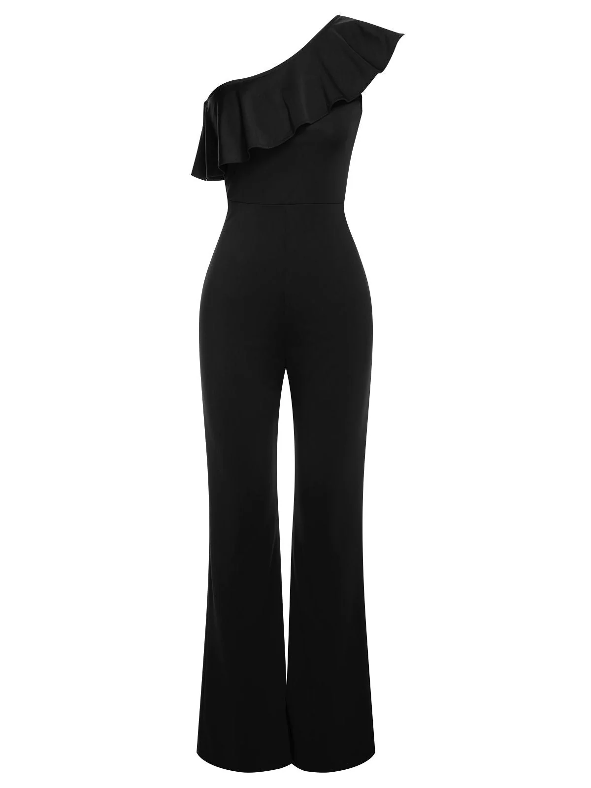 1950er Solide Eine Schulter Rüschen Jumpsuit - Image 5