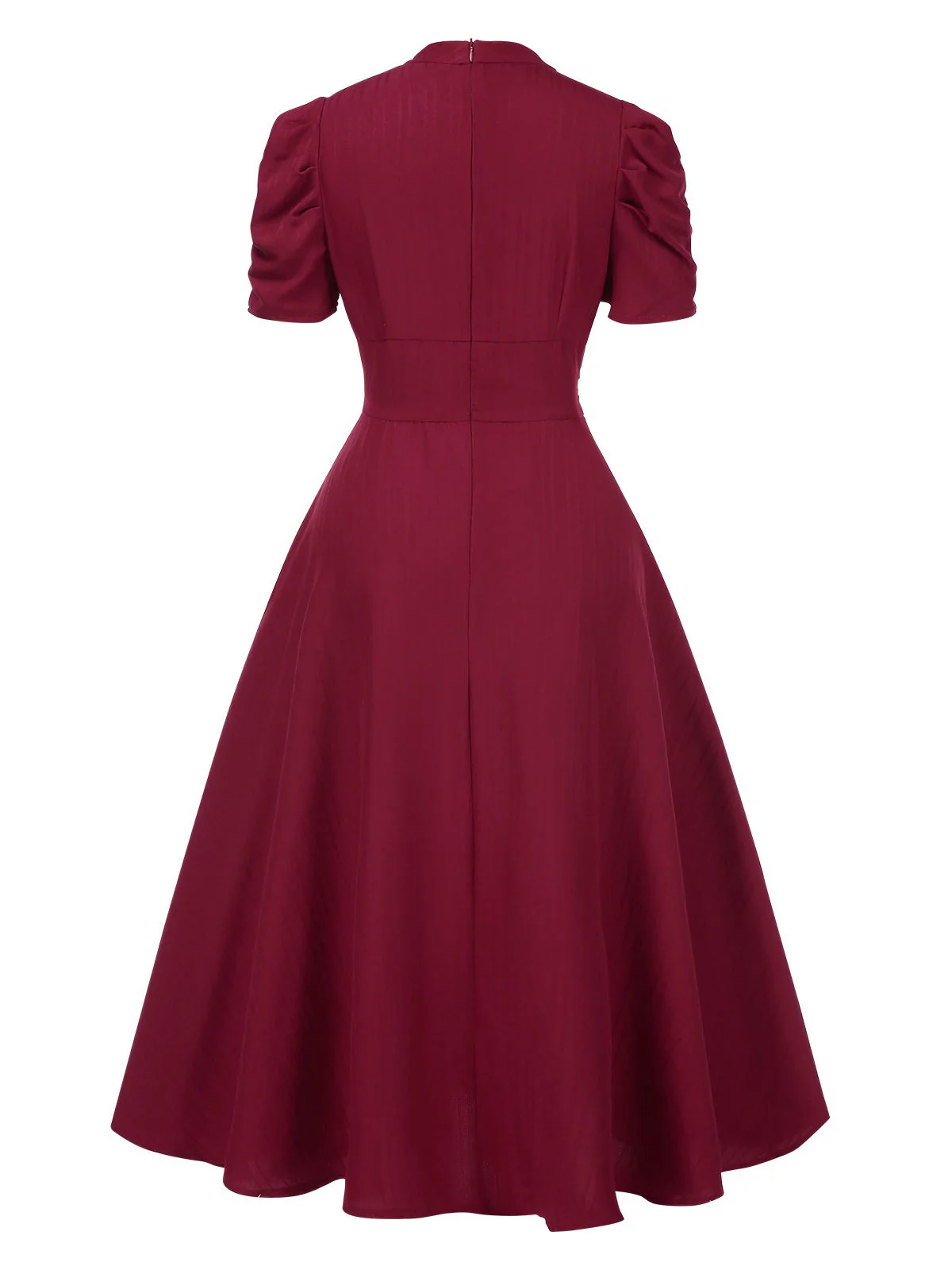1950er Solide Empire-Taille V-Ausschnitt Puffärmel Kleid - Image 2