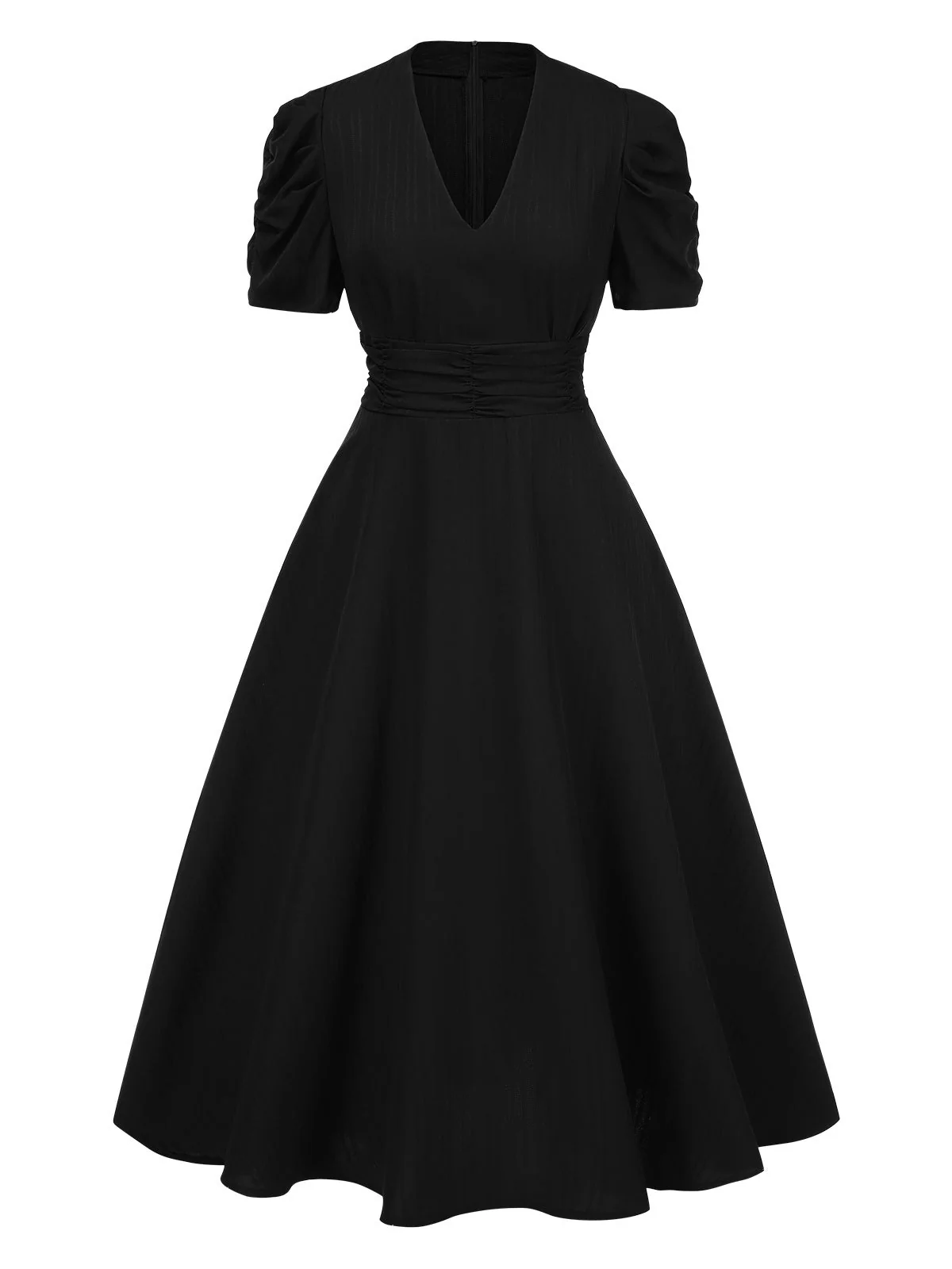 1950er Solide Empire-Taille V-Ausschnitt Puffärmel Kleid - Image 4