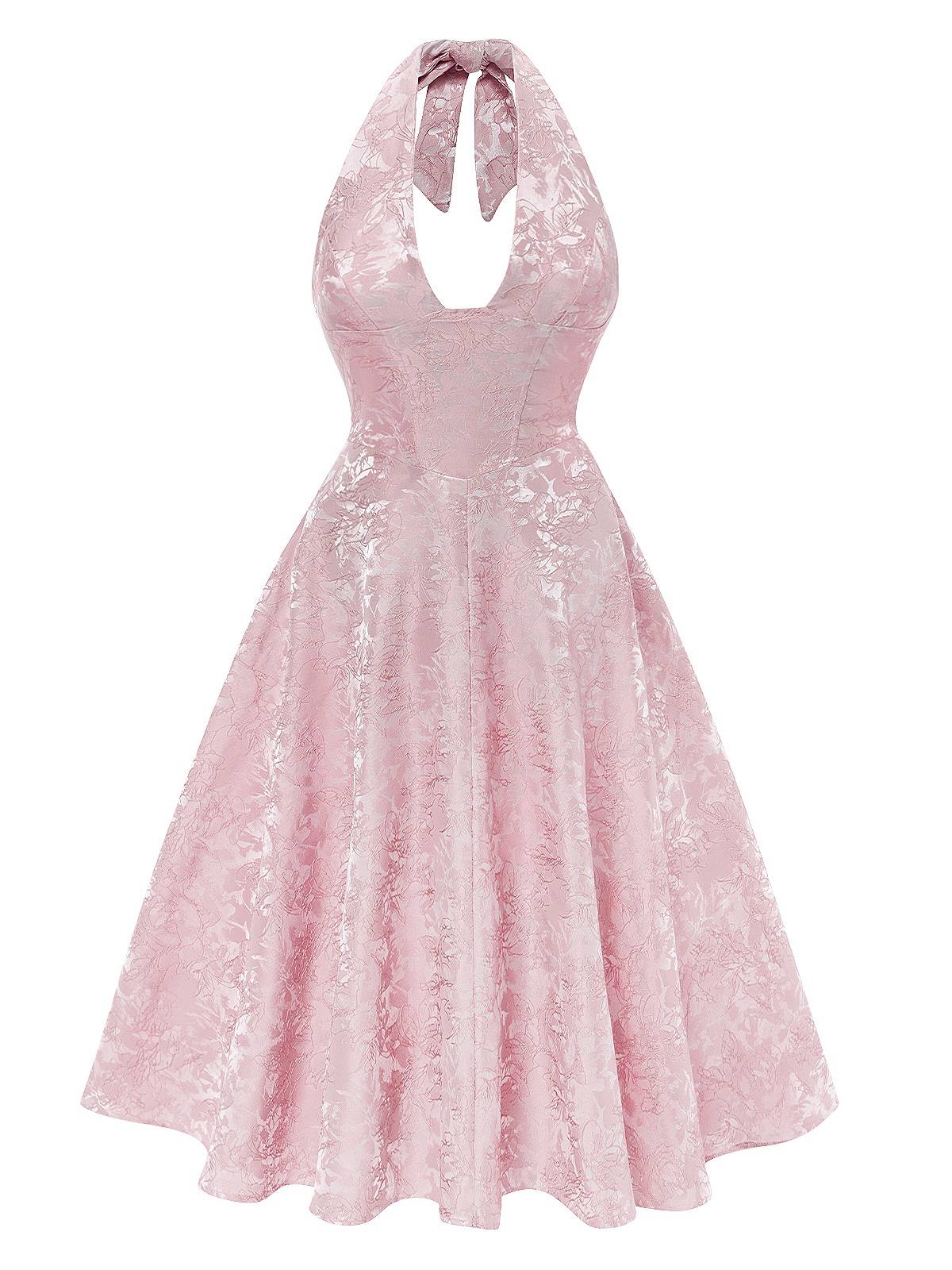 1950er Solide Halfter Tief V-Ausschnitt Jacquard Gedruckt Kleid - Image 4