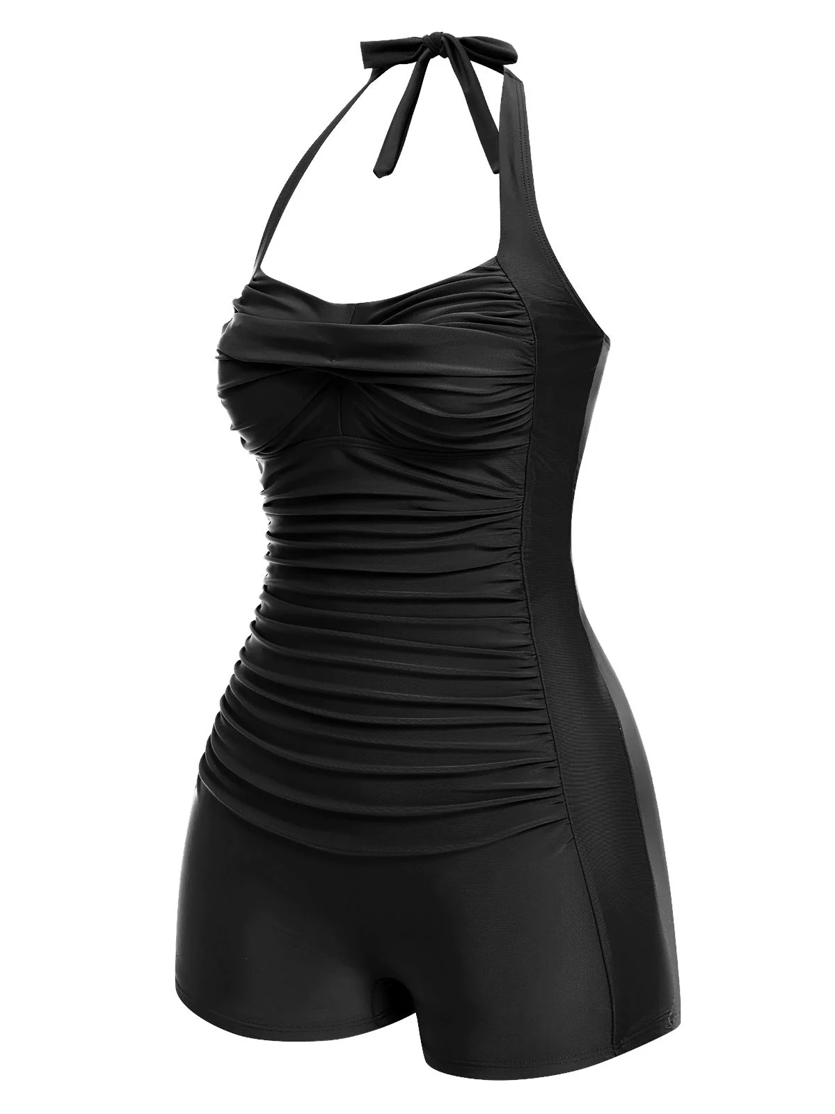 [Vorverkauf] Schwarz 1950er Solide Halter Boxer Einteiliger Badeanzug - Image 2