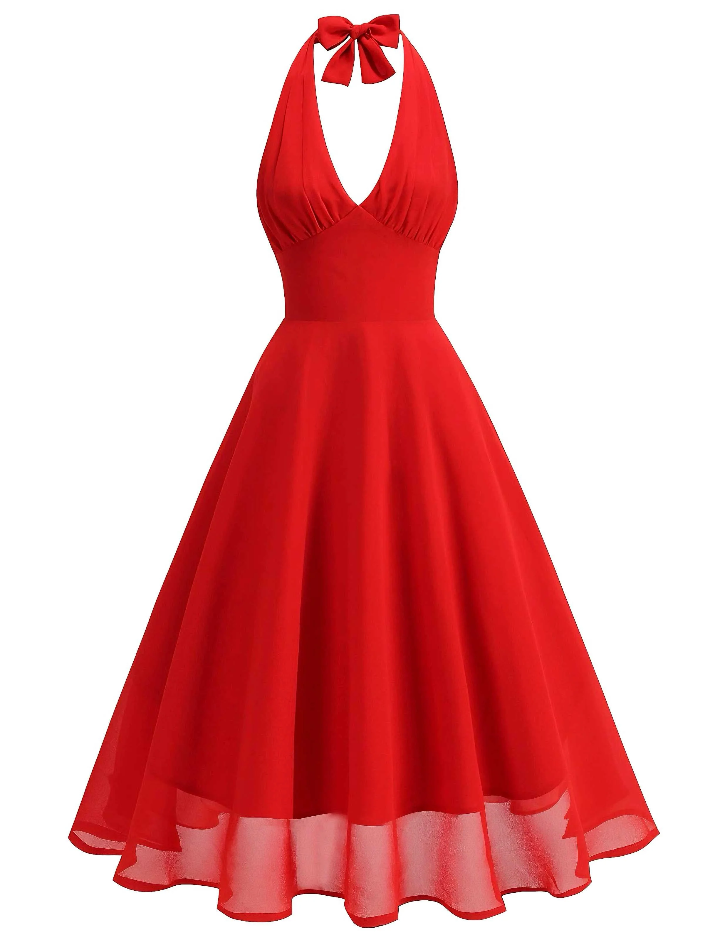 1950er Solide Halter V-Ausschnitt Netz Rückenfrei Kleid - Image 4