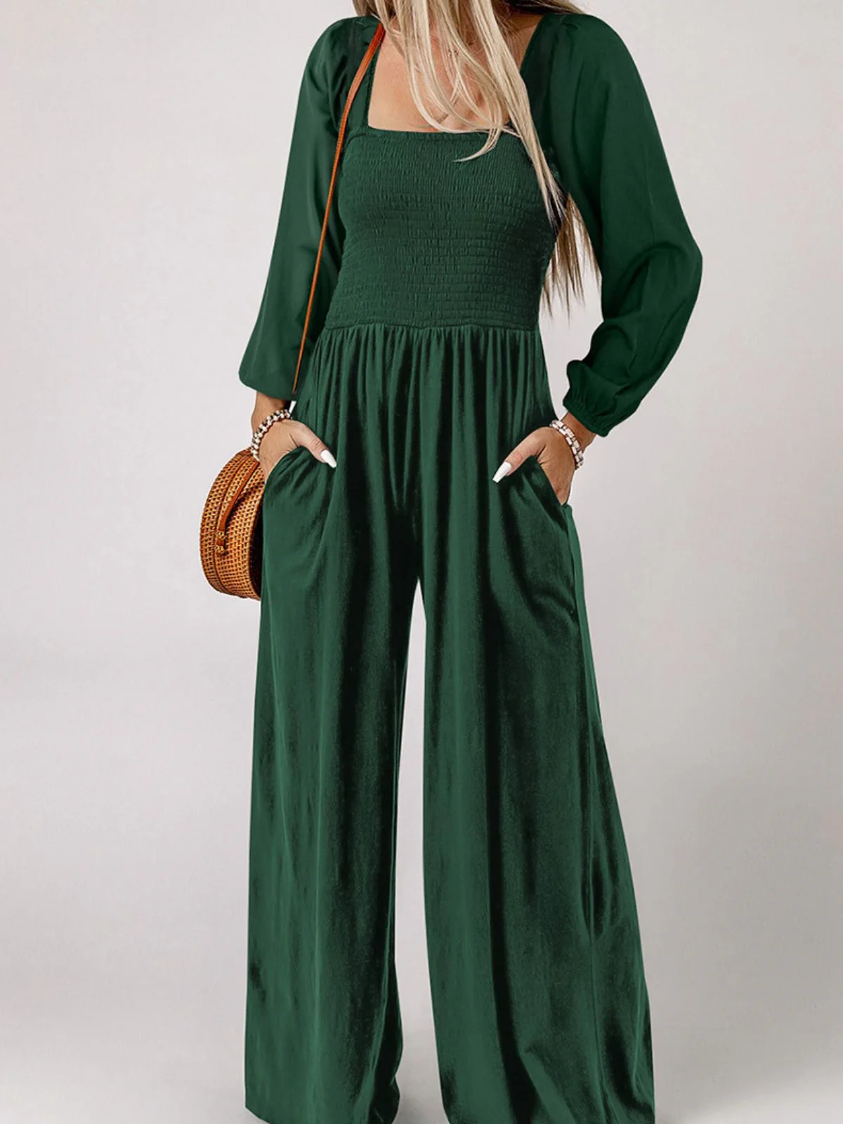 1950er Solide Quadratischer Hals Gesmokt Lang Jumpsuit - Image 5