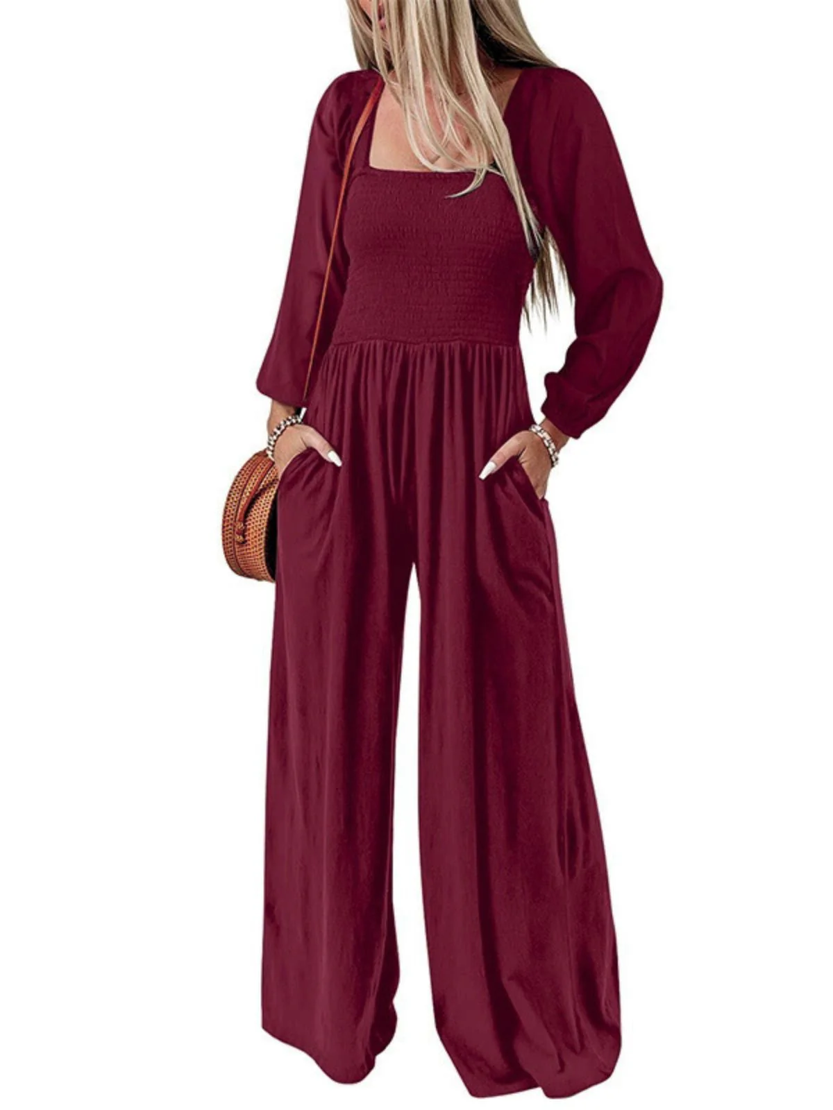 1950er Solide Quadratischer Hals Gesmokt Lang Jumpsuit - Image 7