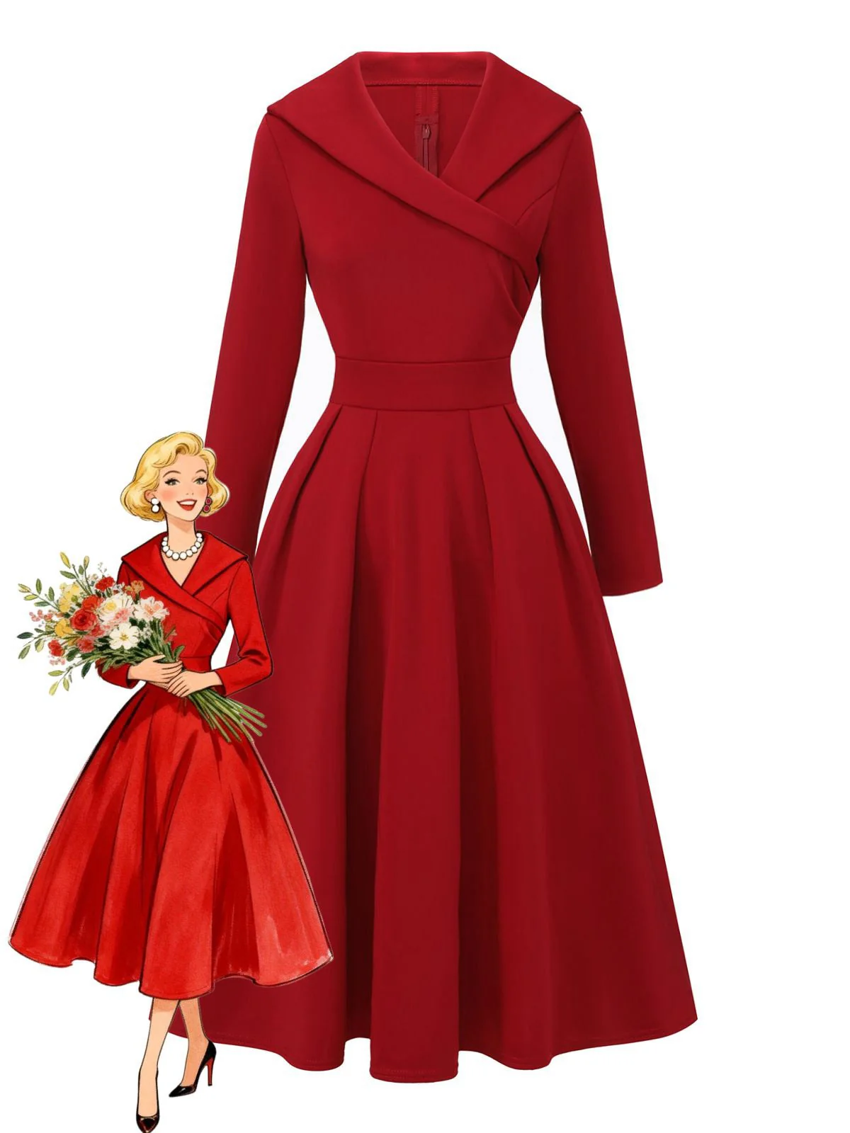 1950er Solide Revers Hoch Taille Swing Kleid - Image 3