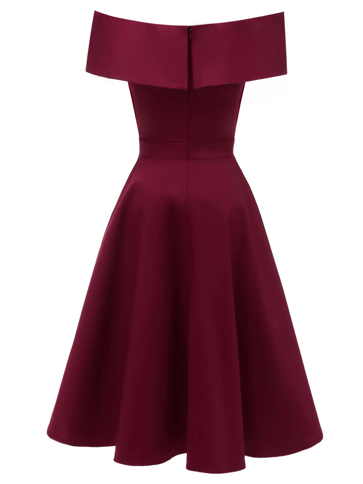 Weinrot 1950er Solide Schulterfrei Swing Kleid - Image 3