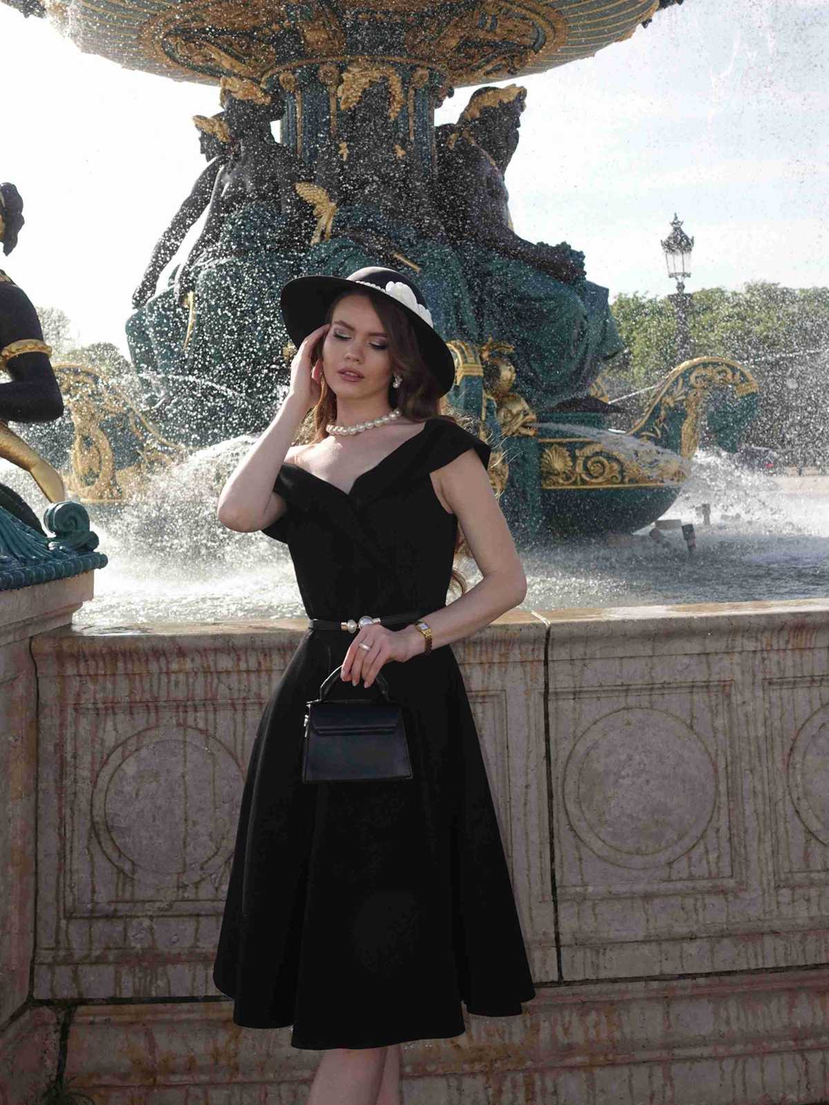 Schwarz 1950er Solide Schulterfrei Swing Kleid - Image 3
