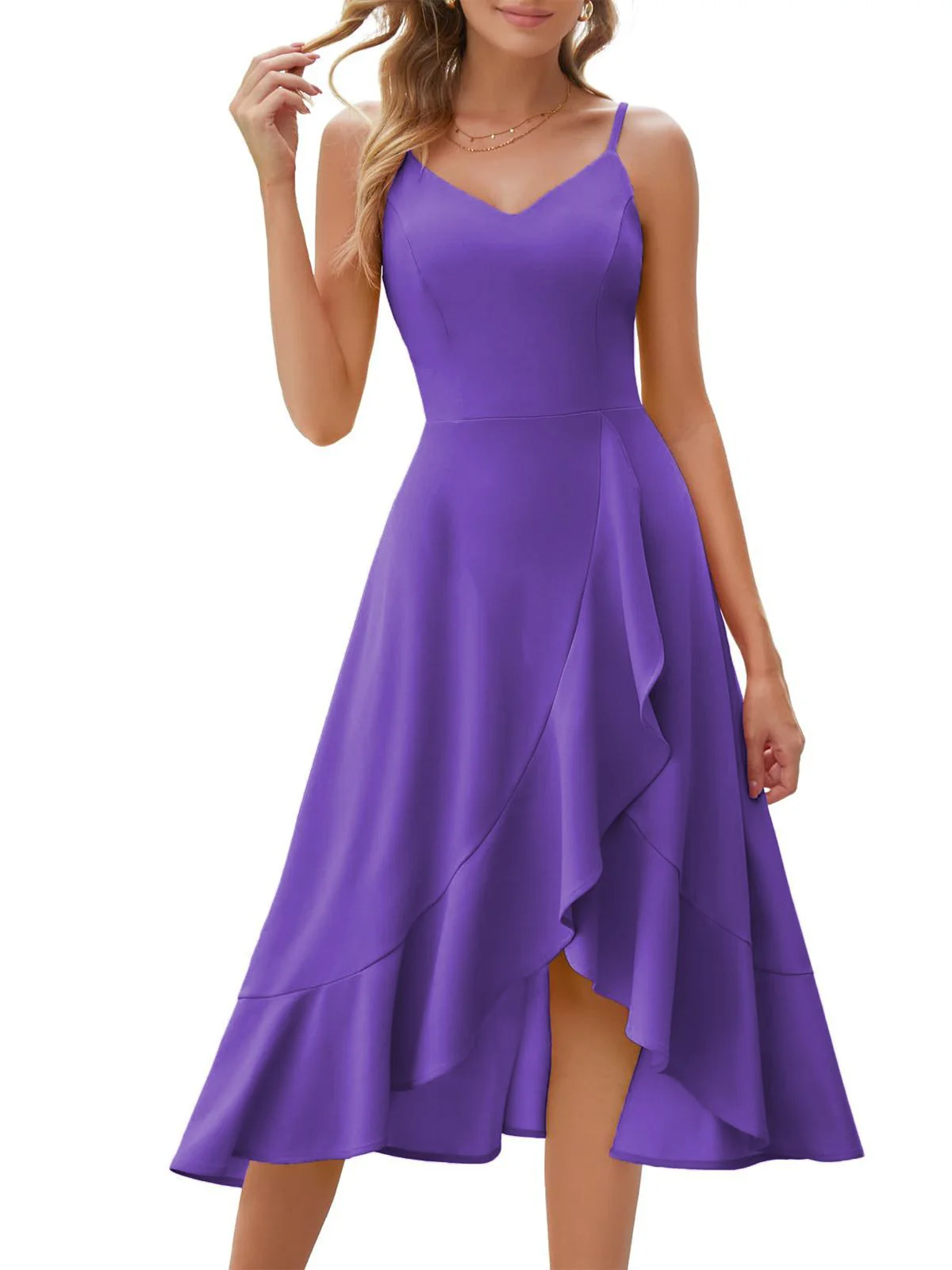 1950er Solide Unregelmäßiger Saum Spaghetti Träger Kleid - Image 6
