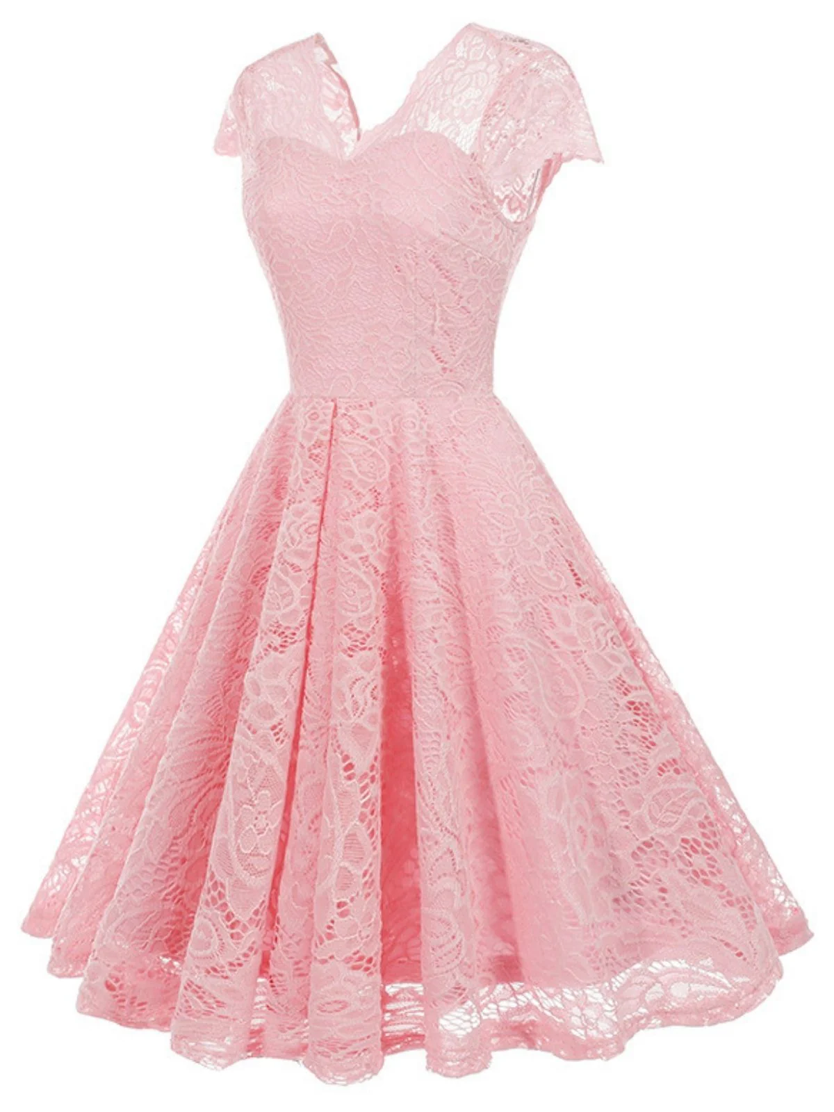 1950er Solide V-Ausschnitt Ärmellos Spitze Kleid - Image 12