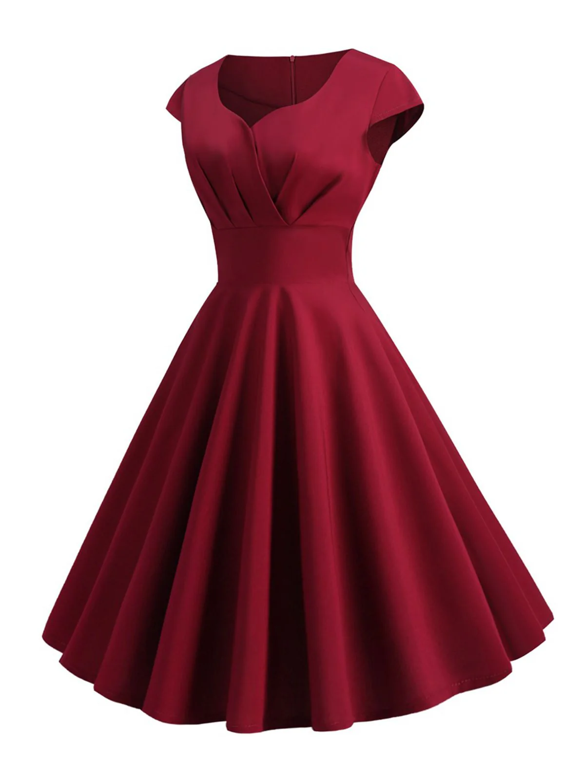 Tiefrot 1950er Solides Herzausschnitt Kurzärmeliges Kleid - Image 2