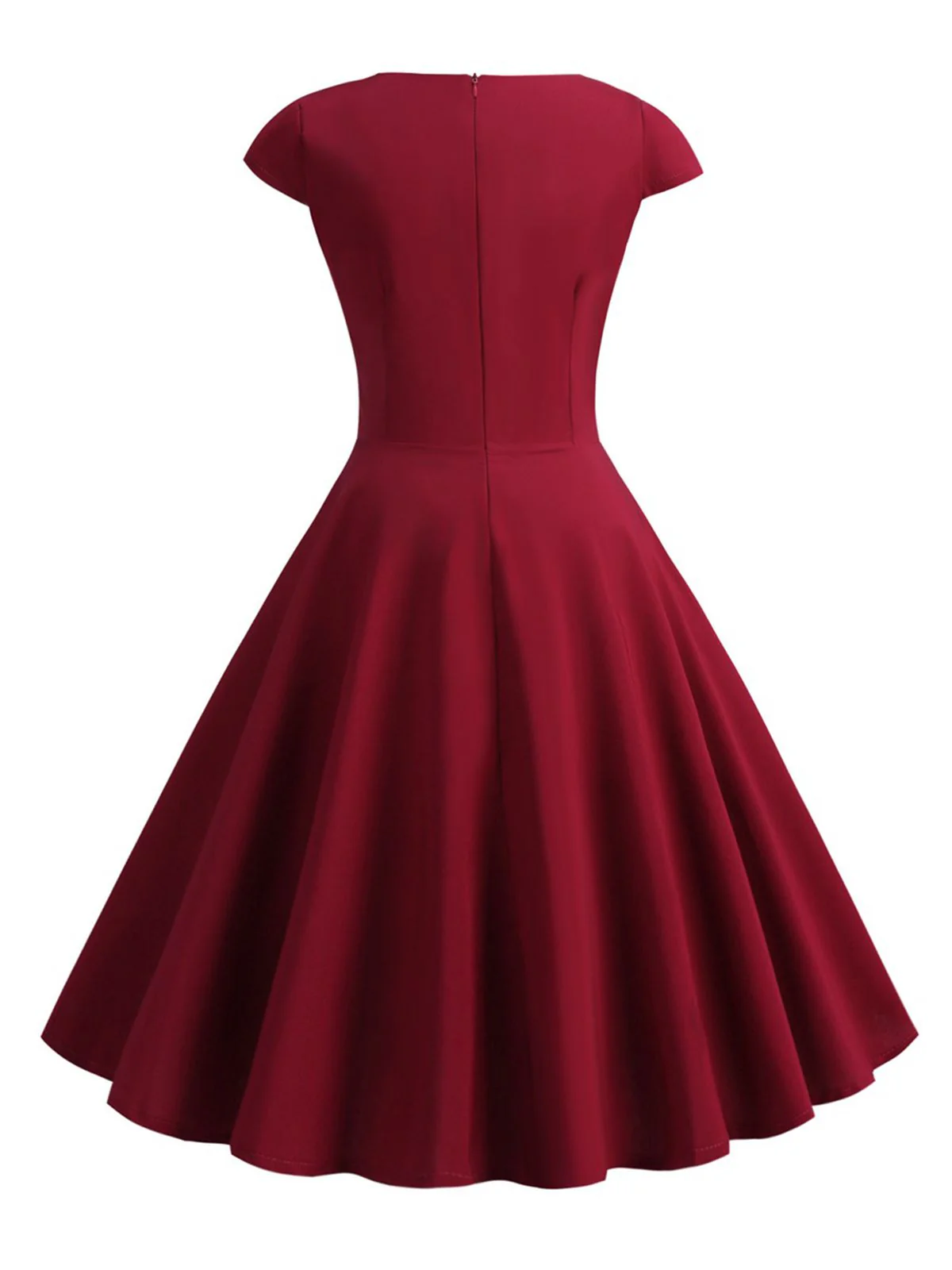 Tiefrot 1950er Solides Herzausschnitt Kurzärmeliges Kleid - Image 3