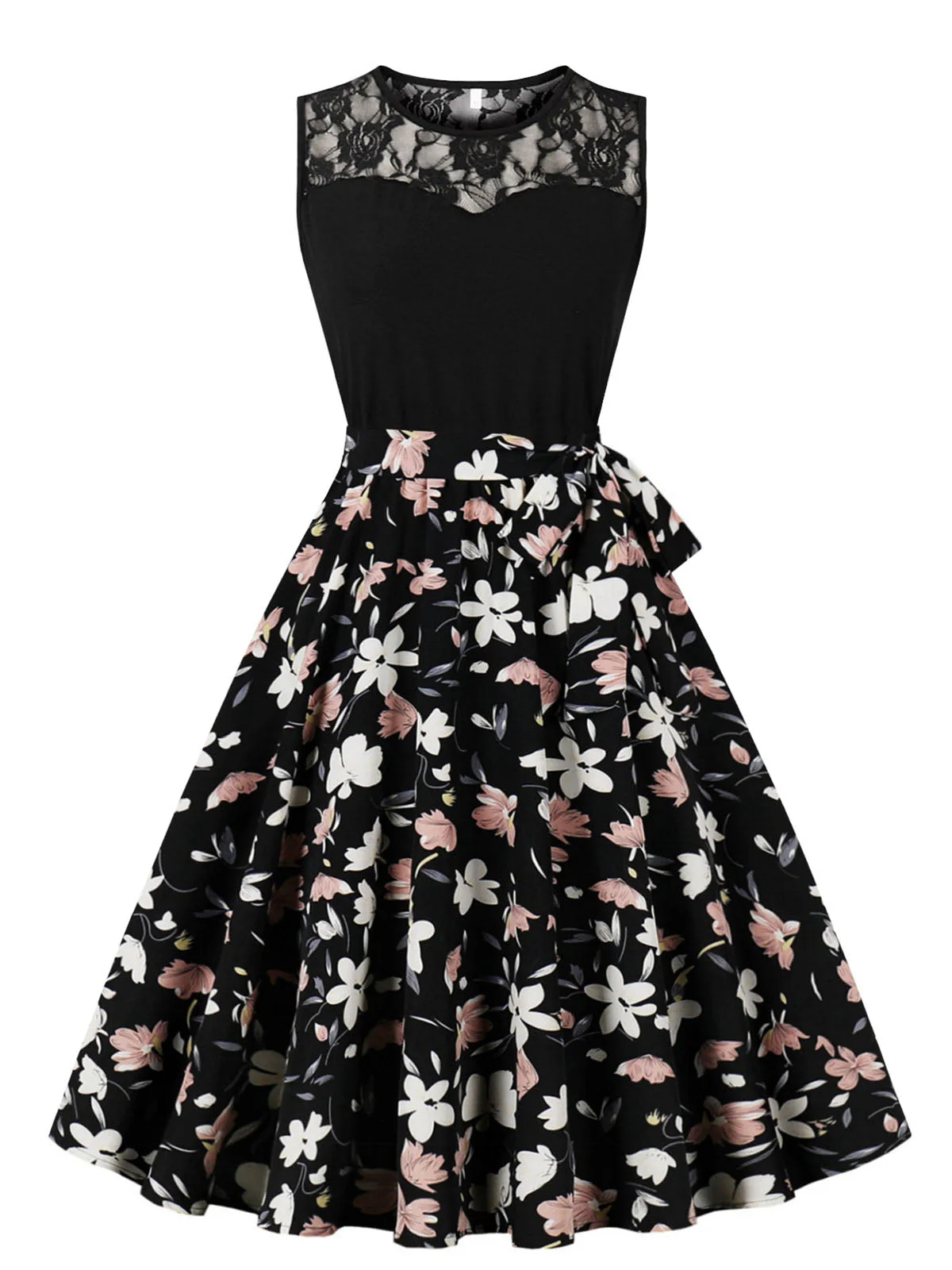 1950er Spitze Patchwork Kirsche Blumen Ärmelloses Kleid - Image 3