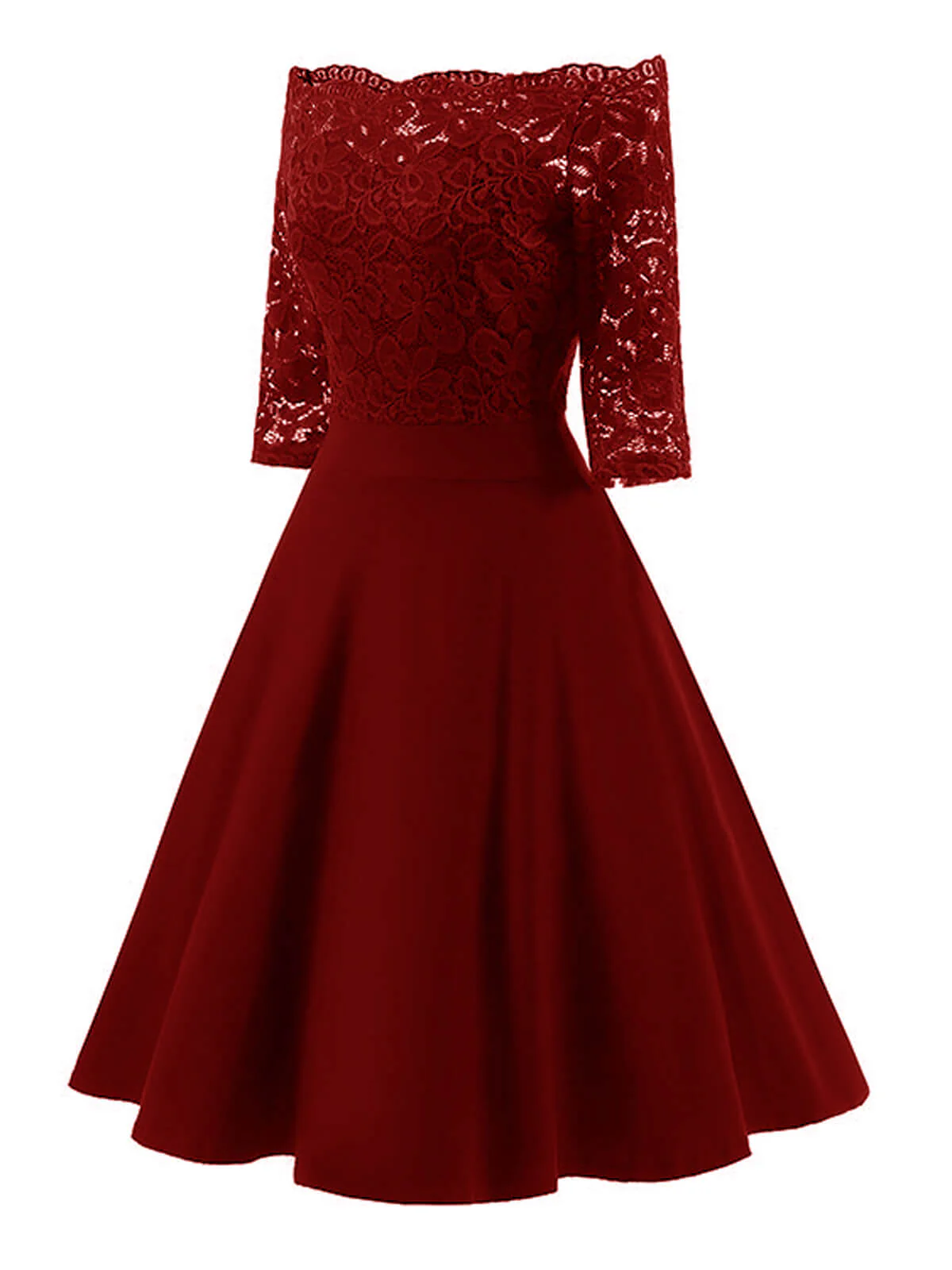 Weinrot 1950ER SPITZE SCHULTERFREIES KLEID - Image 4