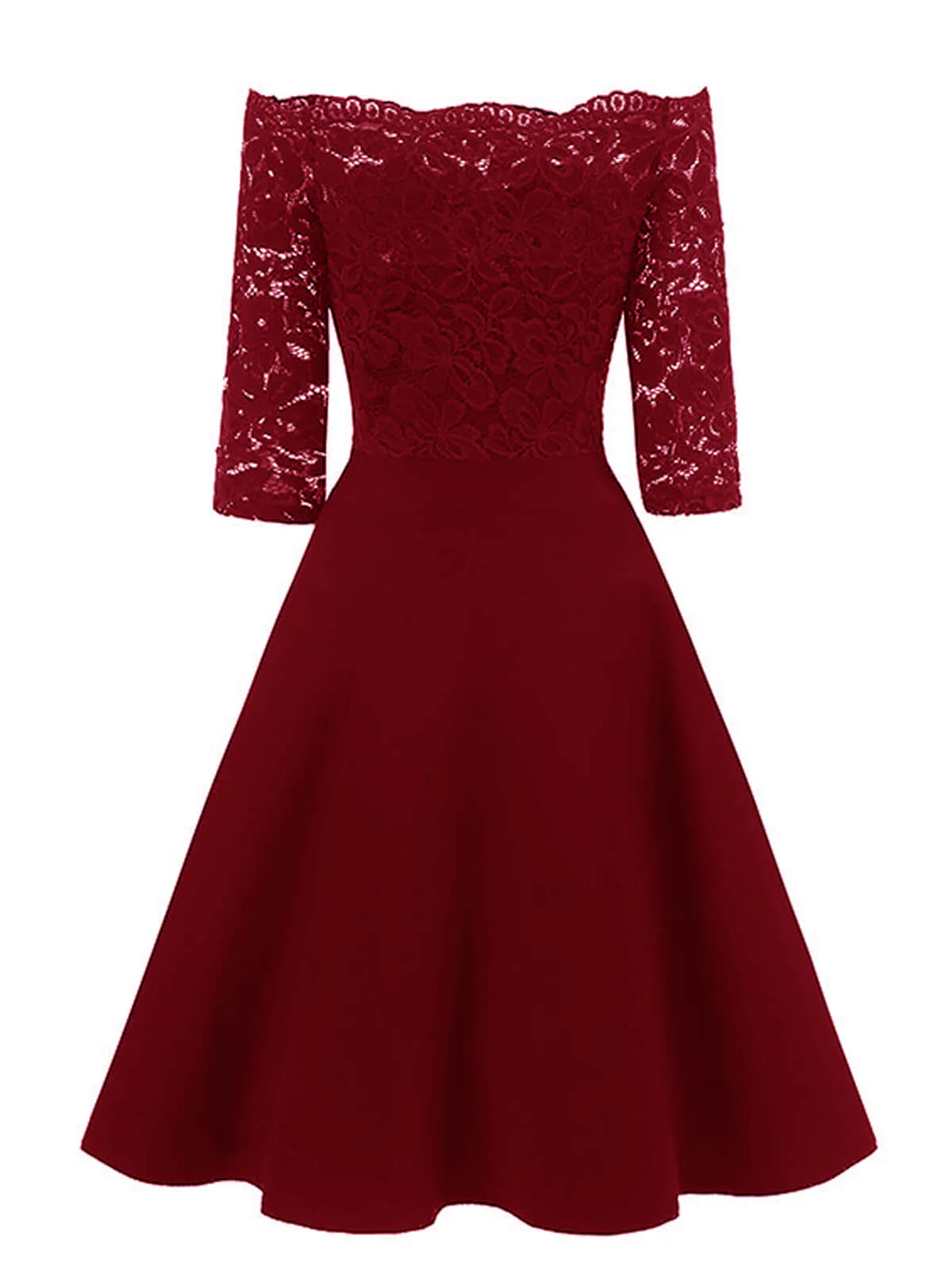 Weinrot 1950ER SPITZE SCHULTERFREIES KLEID - Image 5