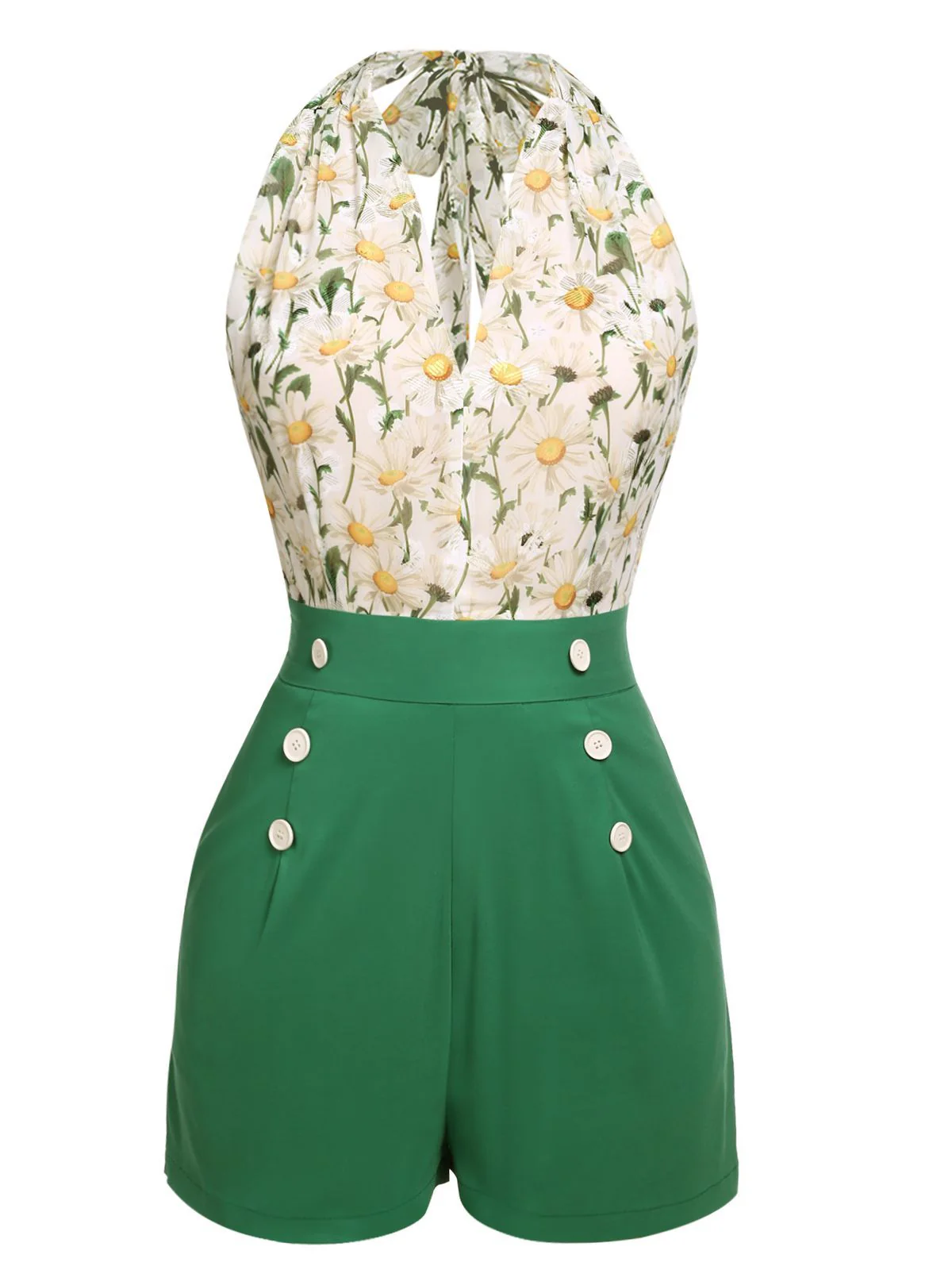 [Vorverkauf] Grün 1950er Blumen Halter Schnürung Vintage Romper - Image 3