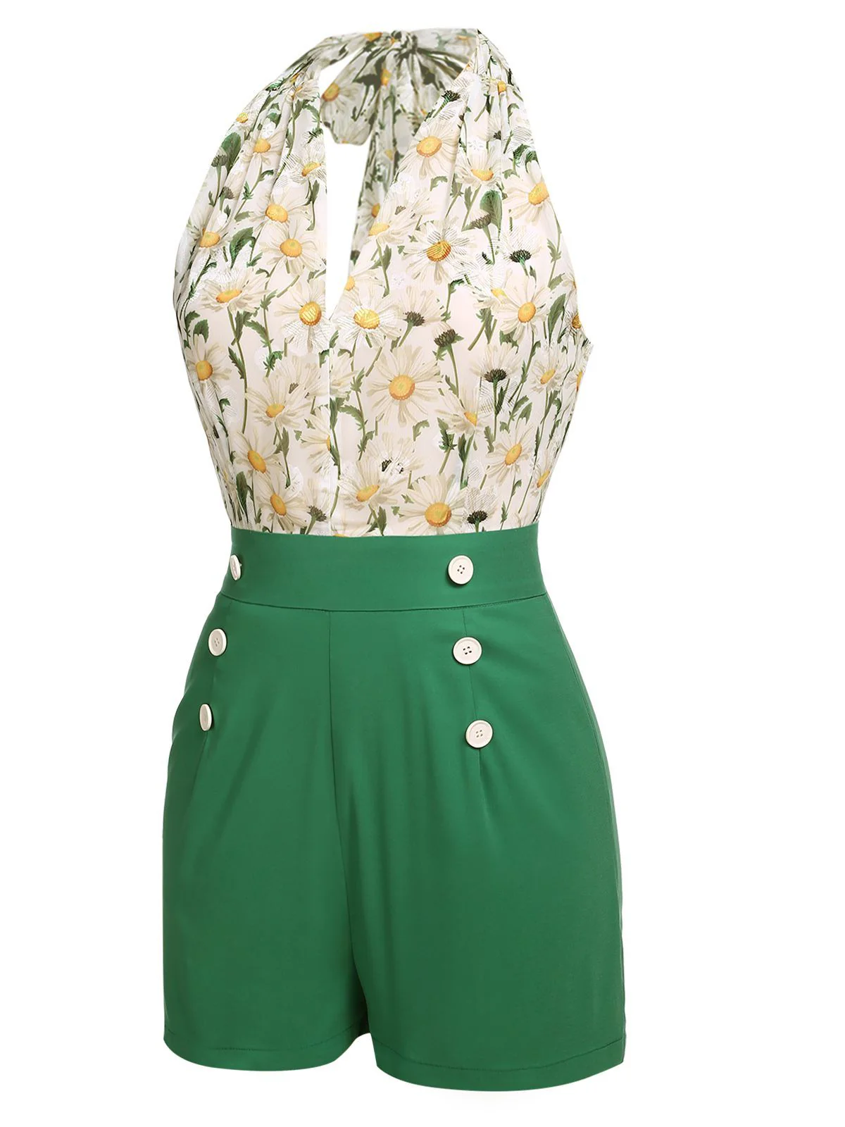 [Vorverkauf] Grün 1950er Blumen Halter Schnürung Vintage Romper - Image 4