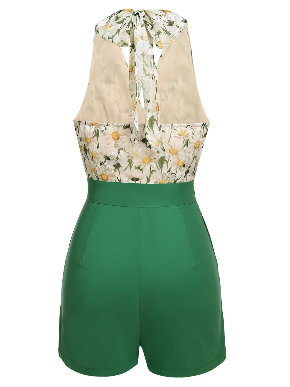 [Vorverkauf] Grün 1950er Blumen Halter Schnürung Vintage Romper - Image 5