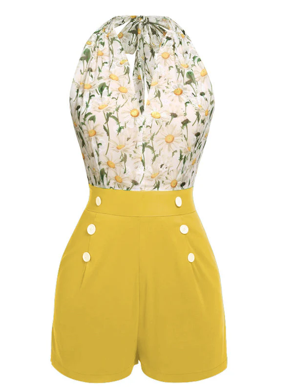 [Vorverkauf] Grün 1950er Blumen Halter Schnürung Vintage Romper - Image 7