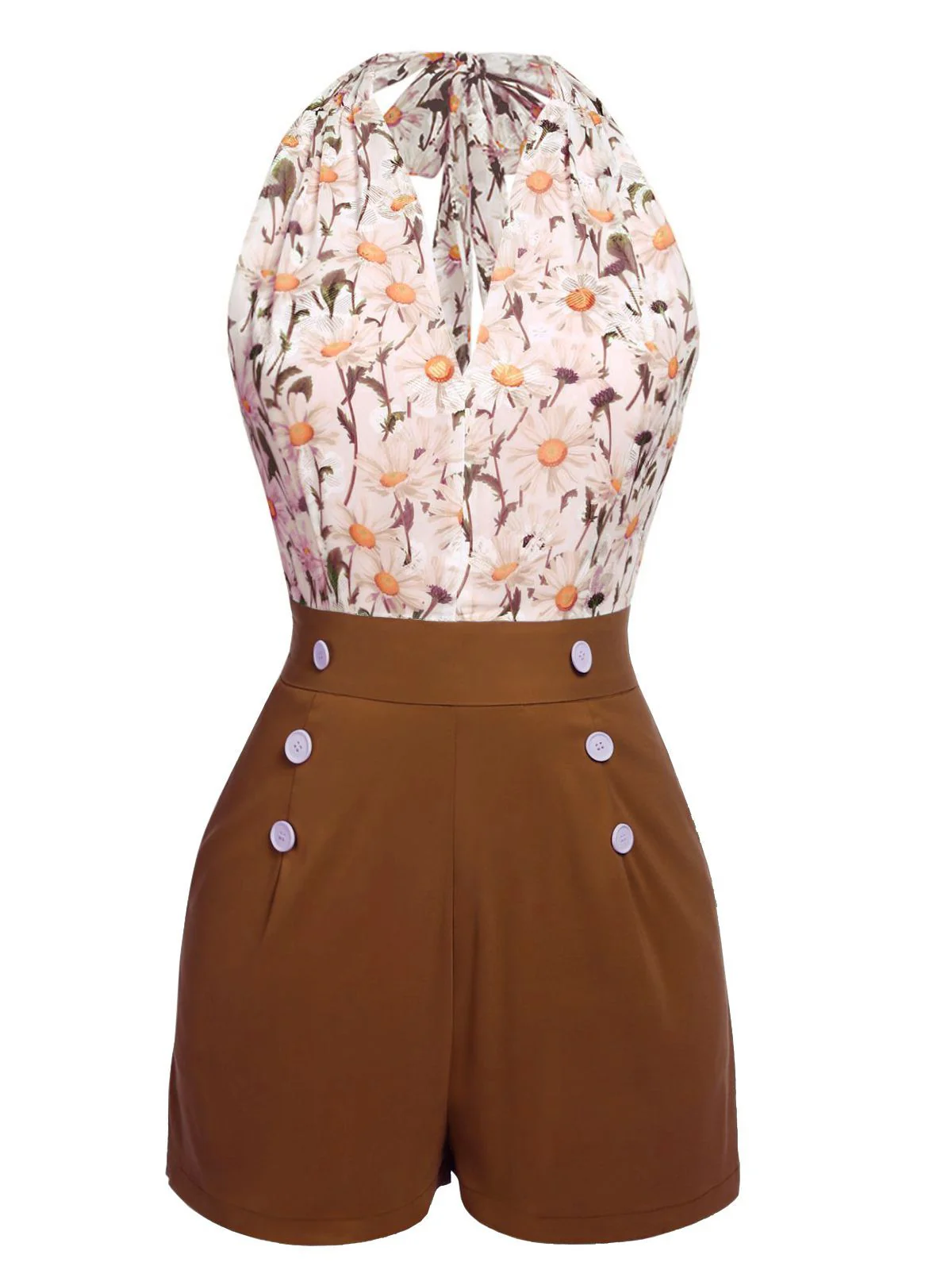 [Vorverkauf] Grün 1950er Blumen Halter Schnürung Vintage Romper - Image 8