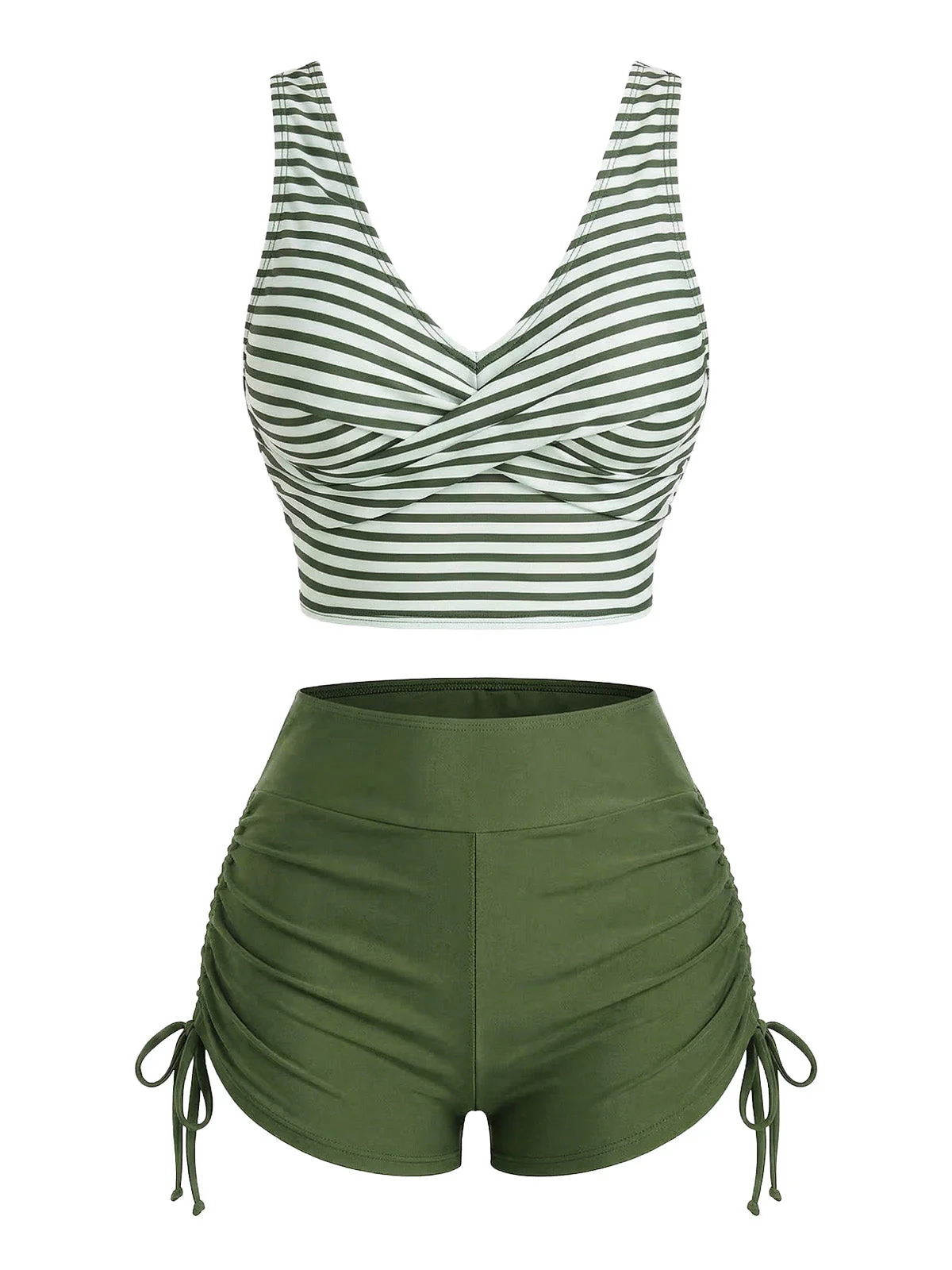 1950er Streifen Überkreuzt Kordelzug Tankini Set - Image 4