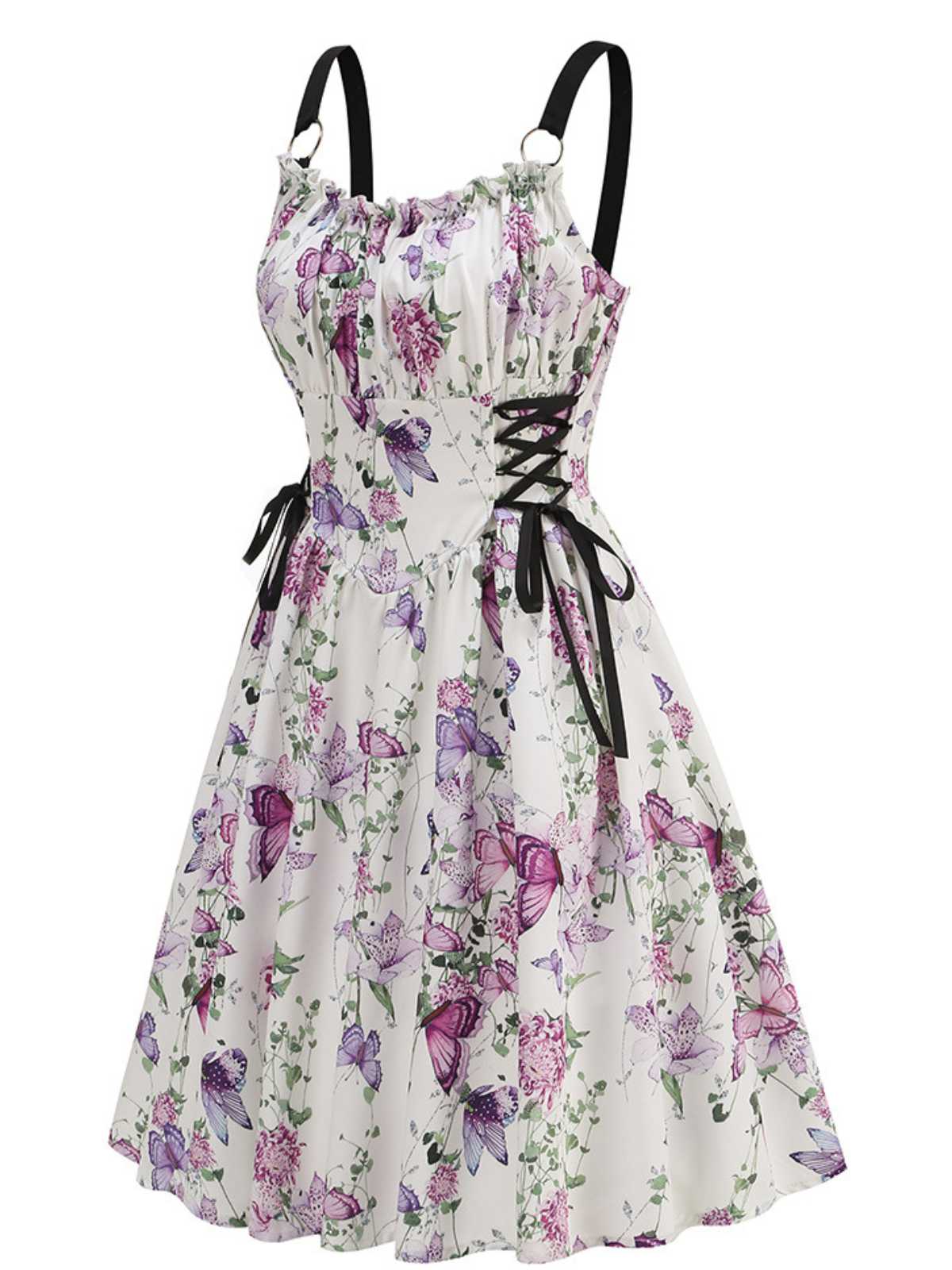 1950er Träger Blumen Schmetterlinge Schnürung Korsett Kleid - Image 2