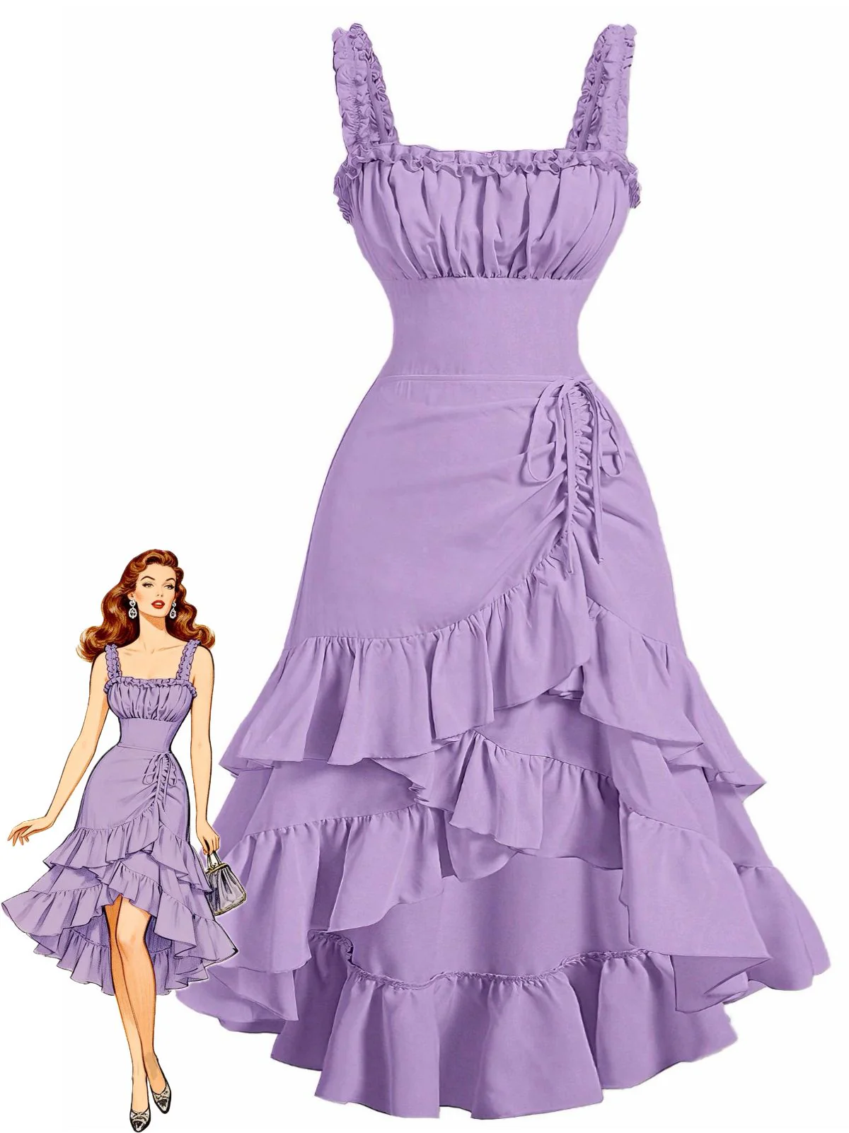1950er Träger Gerafft Gestuft Rüschen Saum Kleid