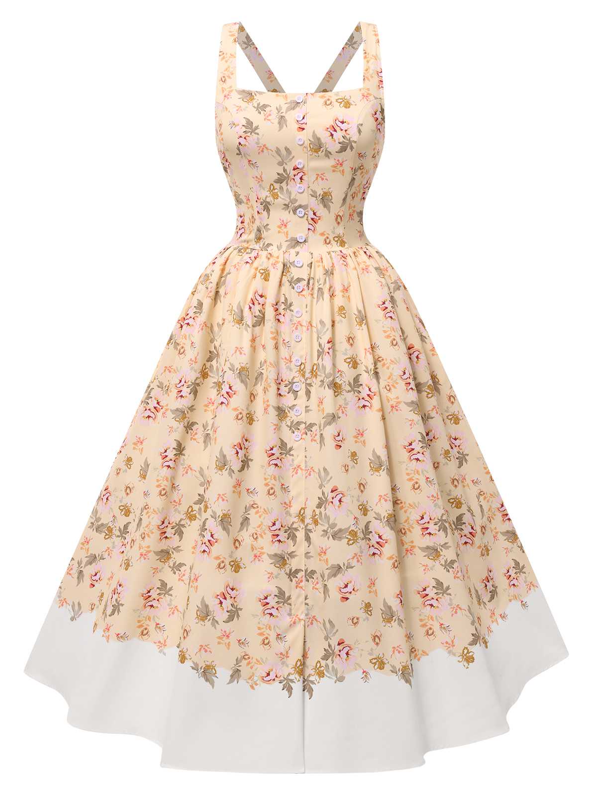 1950er Träger Quadratischer Hals Korsett Blumen Kleid - Image 2