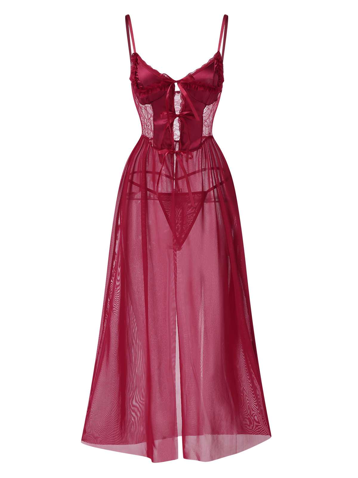 1950er Träger Sheer Spitze Satin Bogen Nachthemd - Image 2