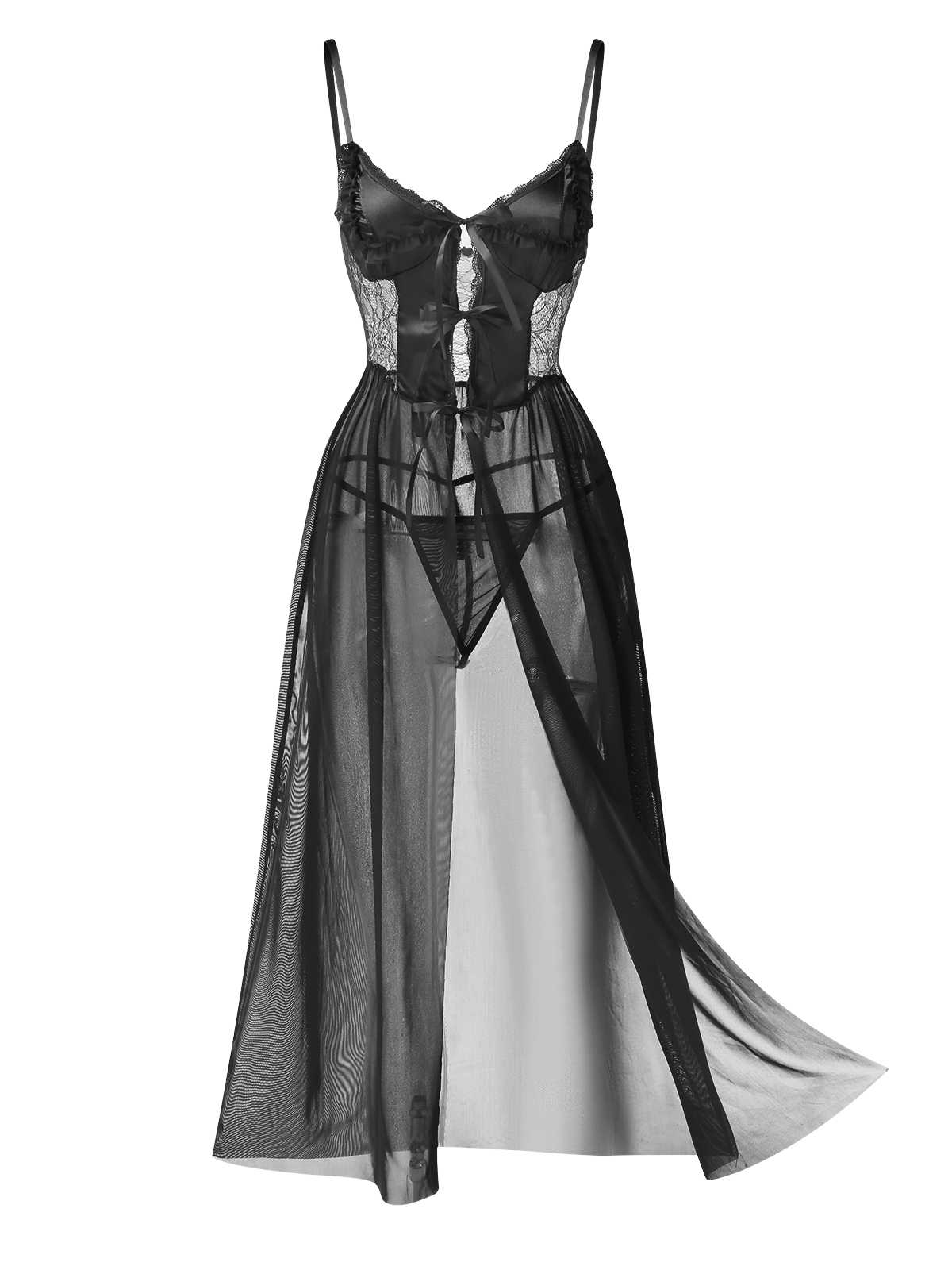 1950er Träger Sheer Spitze Satin Bogen Nachthemd - Image 5