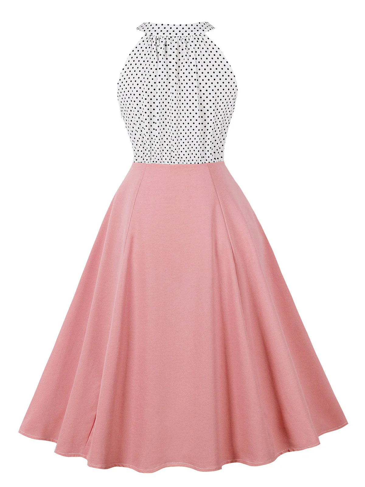 1950er Tupfen Patchwork Halter Rundhals Kleid - Image 2