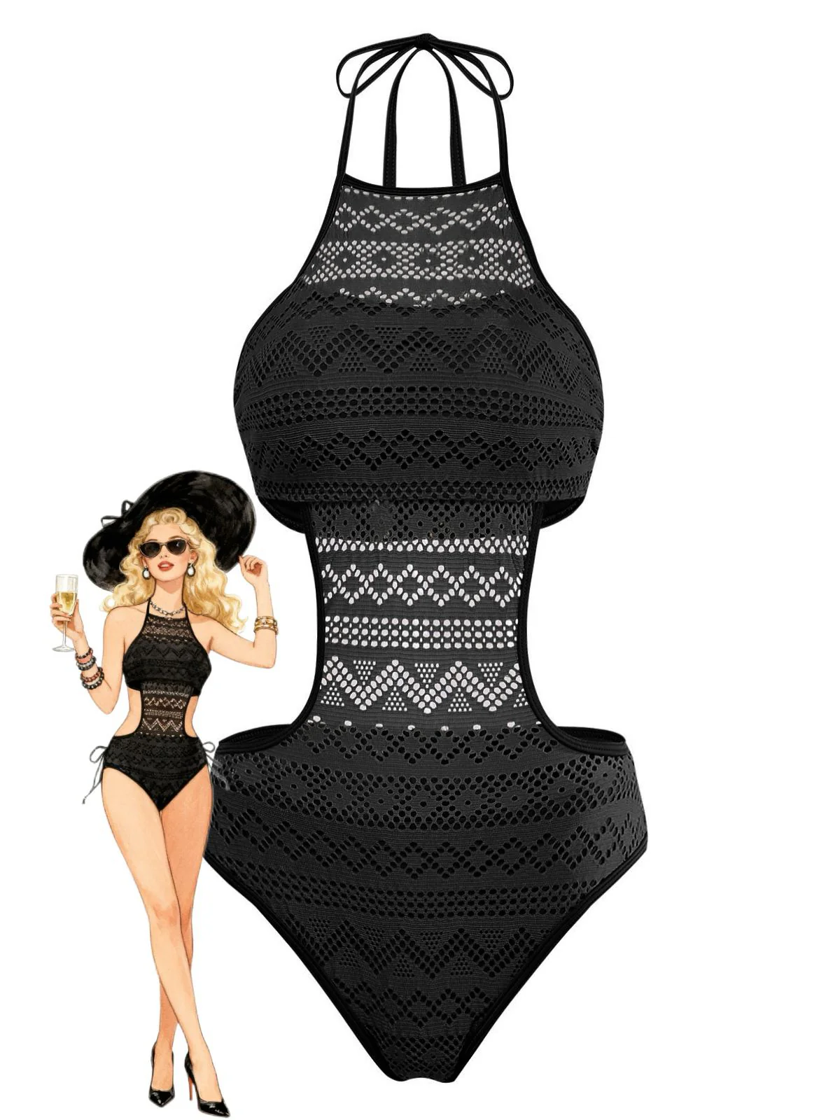 1950er Uni Halter Cut-Out Einteiliger Badeanzug