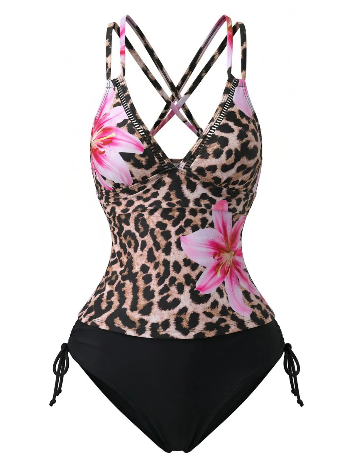 1950er V-Ausschnitt Blumen Patchwork Tankini Set - Image 3