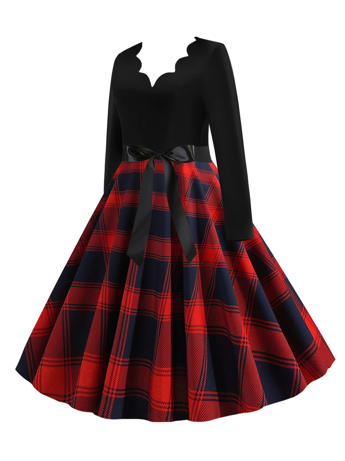 1950er V-Ausschnitt Langärmeliges Plaid Swing Kleid - Image 2