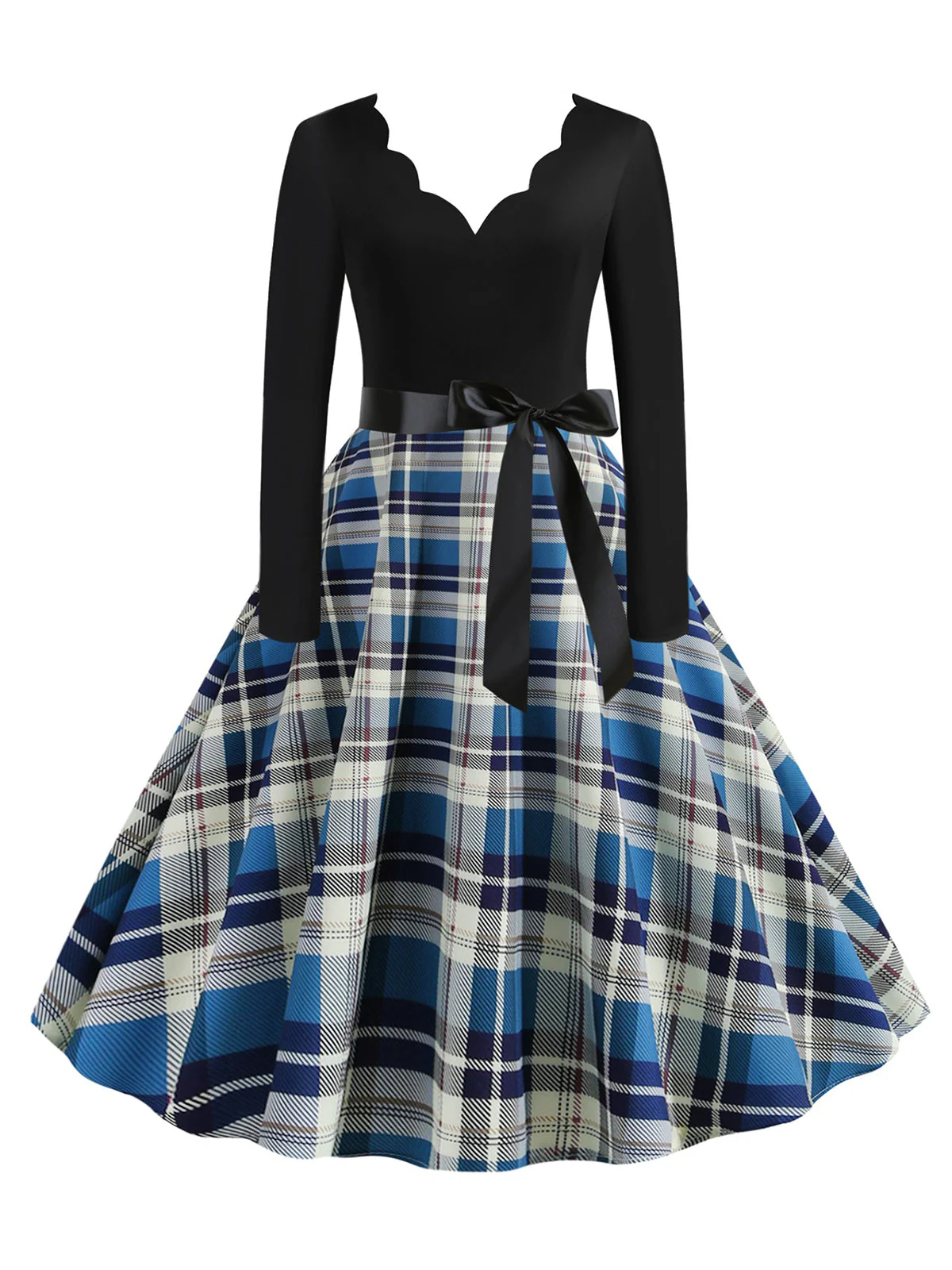 1950er V-Ausschnitt Langärmeliges Plaid Swing Kleid - Image 4
